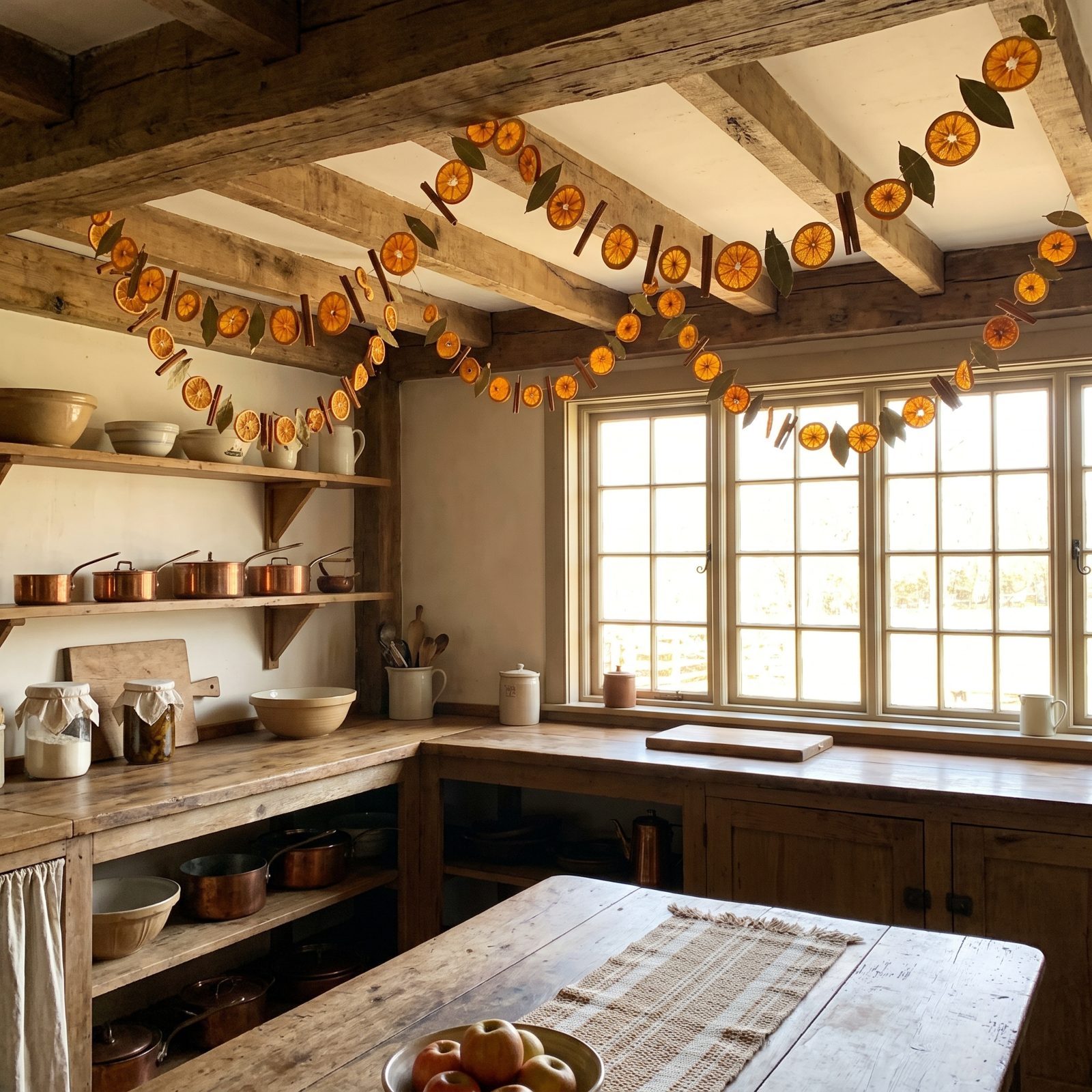 A Kitchen Strung with Dried-Orange Garlands Overhead