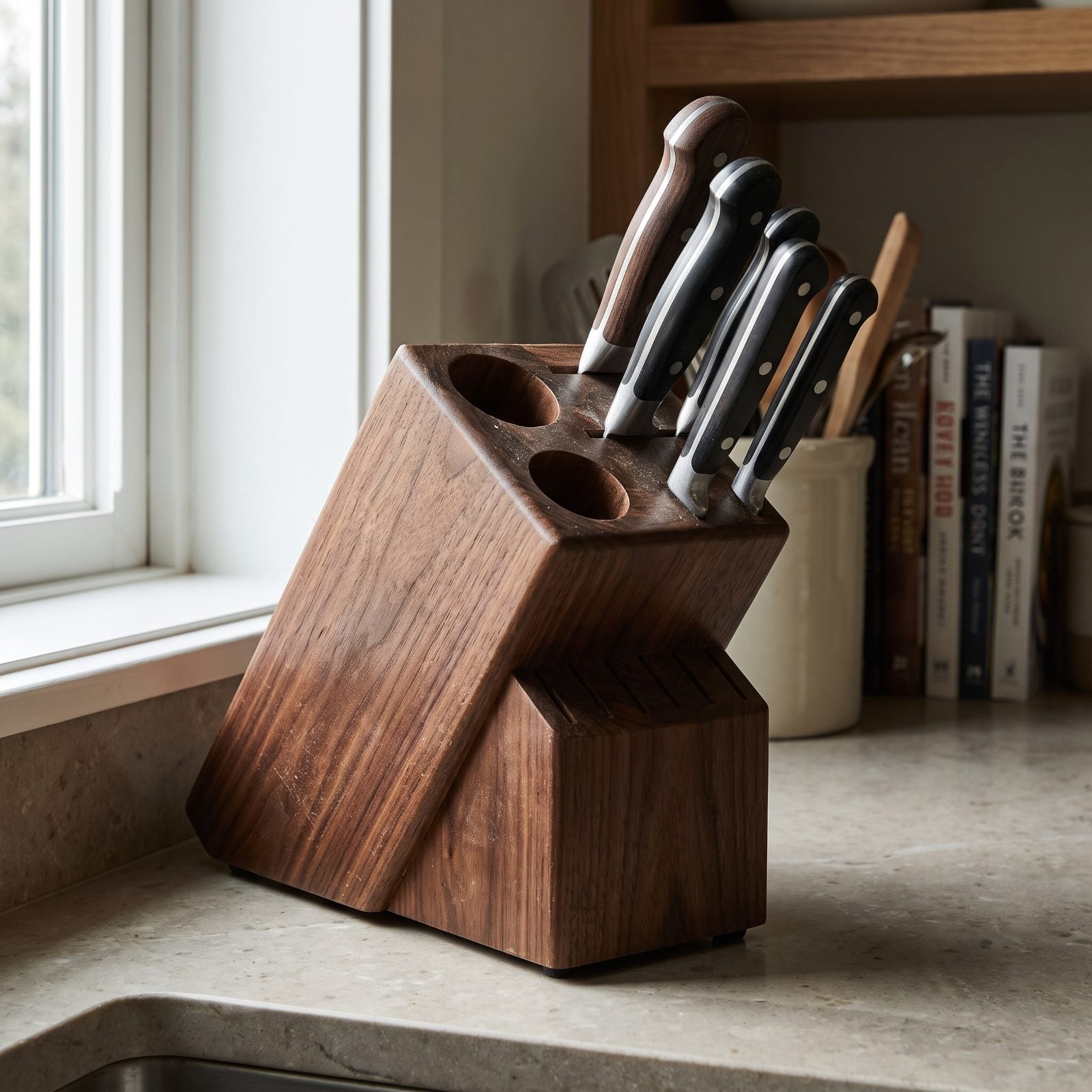 Kitchen counter with a knife block missing two knives, a used chef's knife on a scarred cutting board, and an olive oil