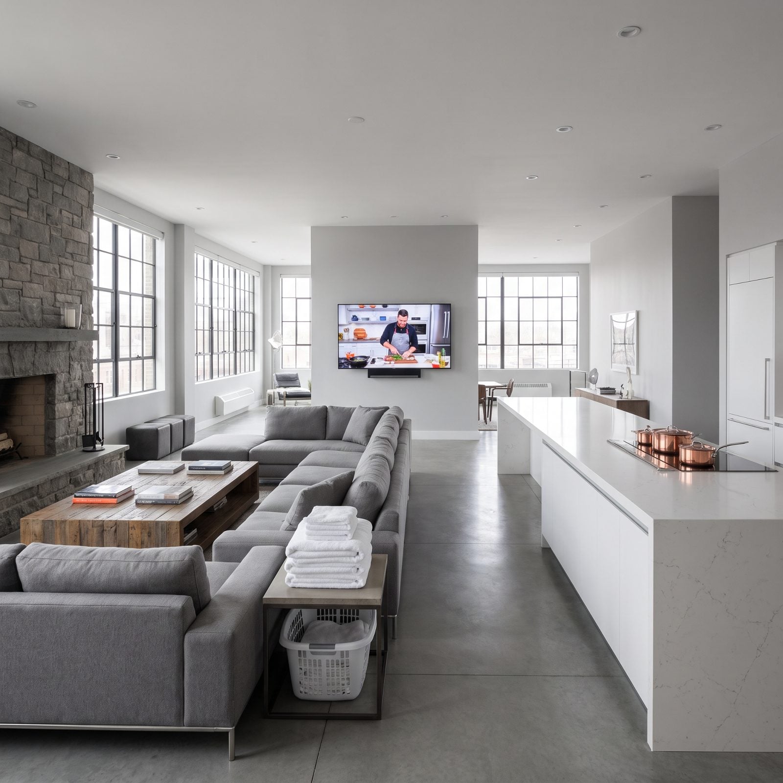 Open-plan main floor with no interior walls connecting kitchen, dining, and living areas under a single rug.