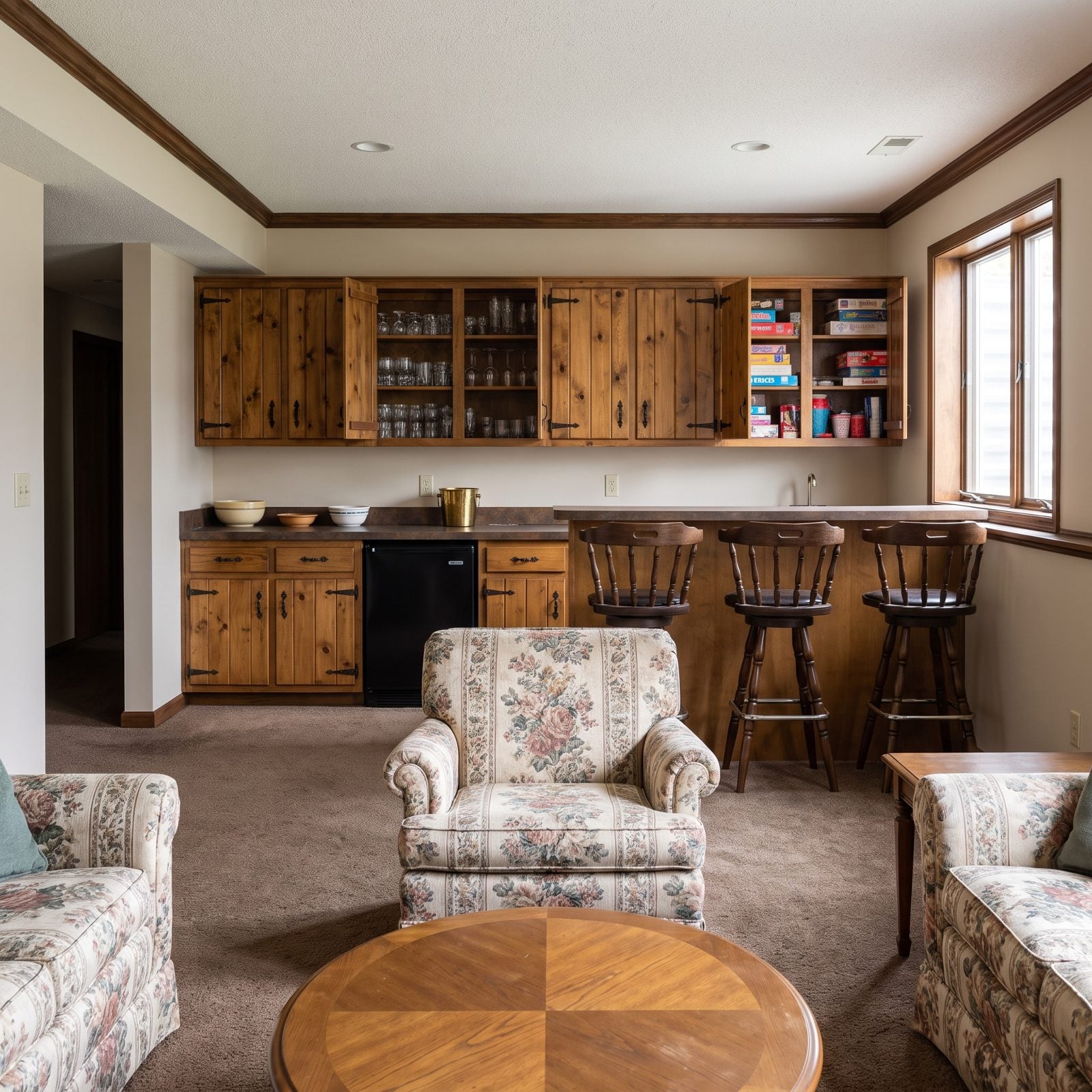 Knotty-Pine Cabinets for Games, Glassware and Party Supplies
