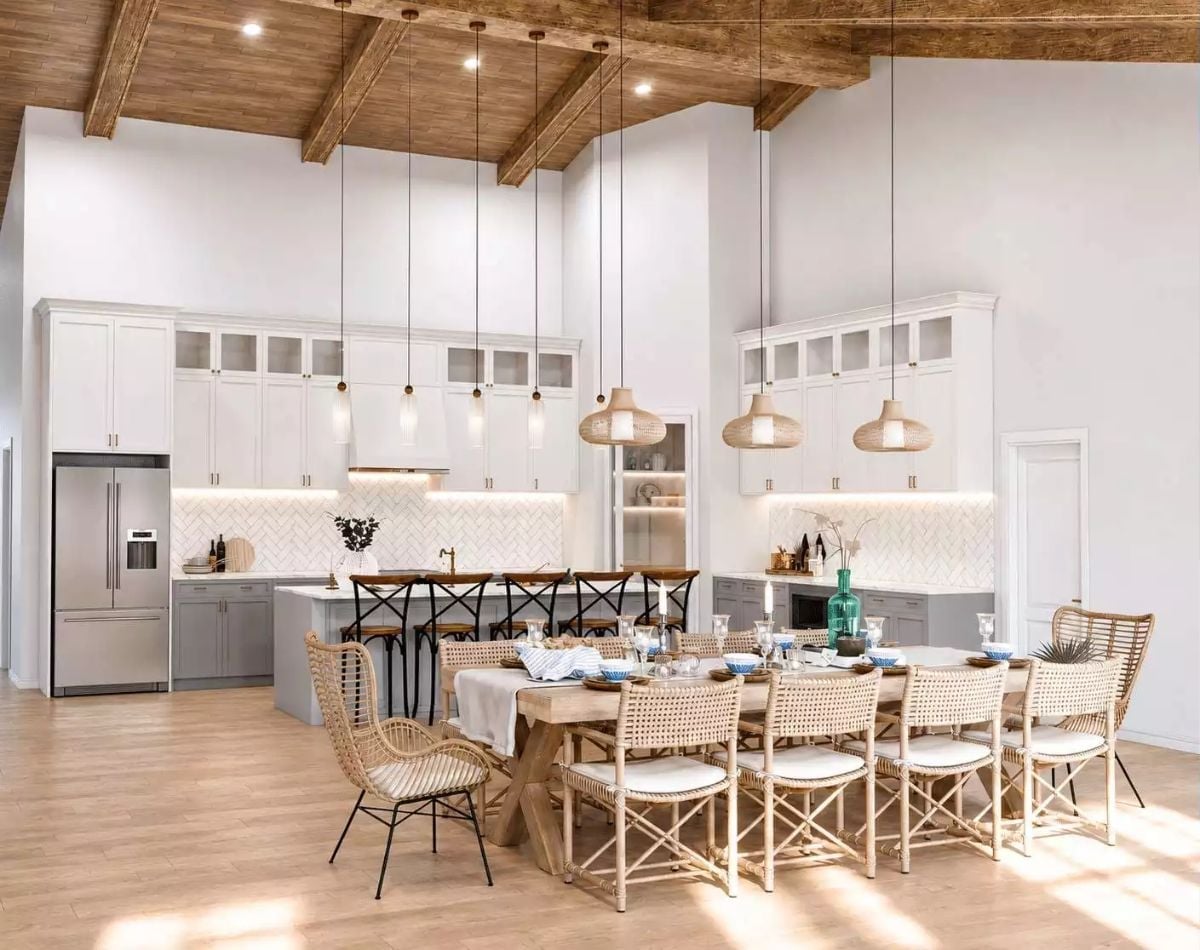 Rattan, Reclaimed Beams, and a Table Built for the Whole Extended Family