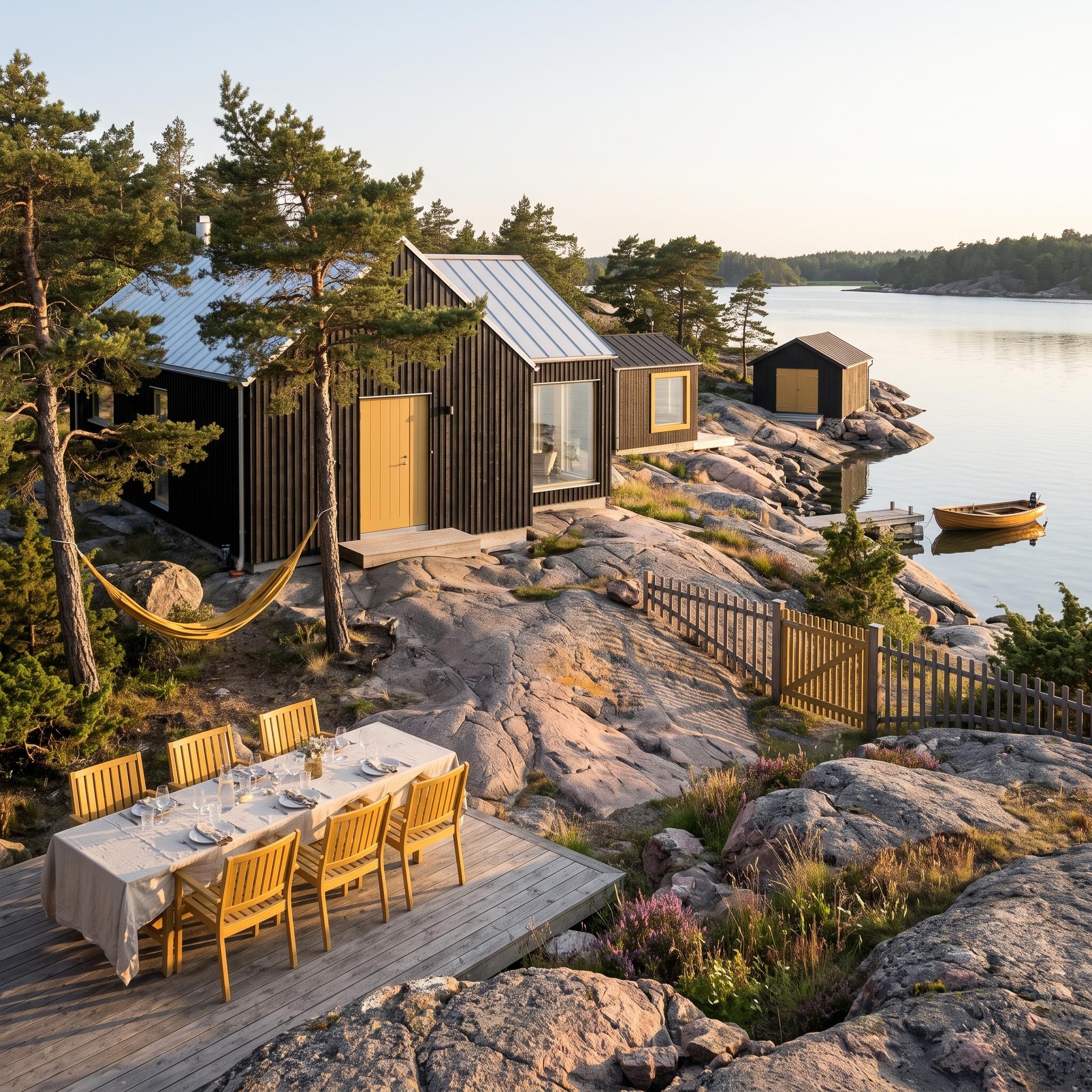 Butter-yellow cottage door and matching yellow details against black Scandinavian timber beside a lake
