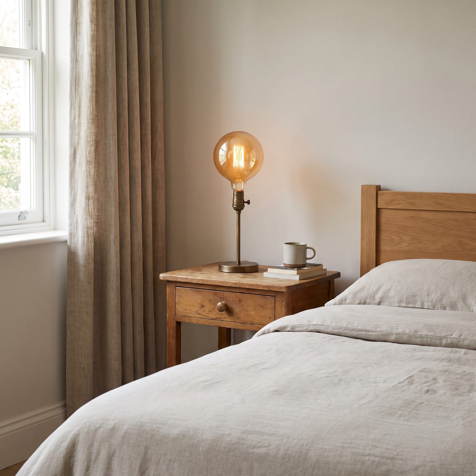 Bedroom nightstand with a brass lamp holding a warm amber bulb beside a closed book and a glass.