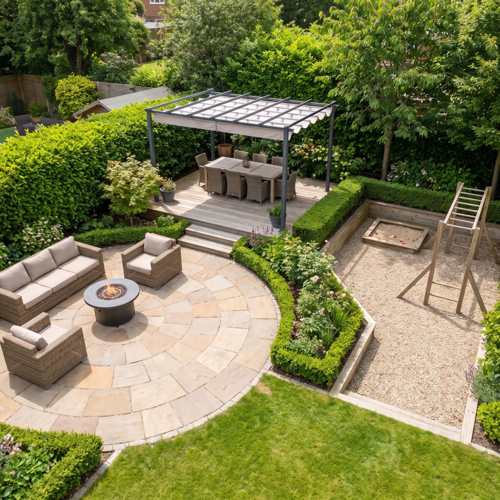 A Landscaped Backyard With Distinct Activity Zones