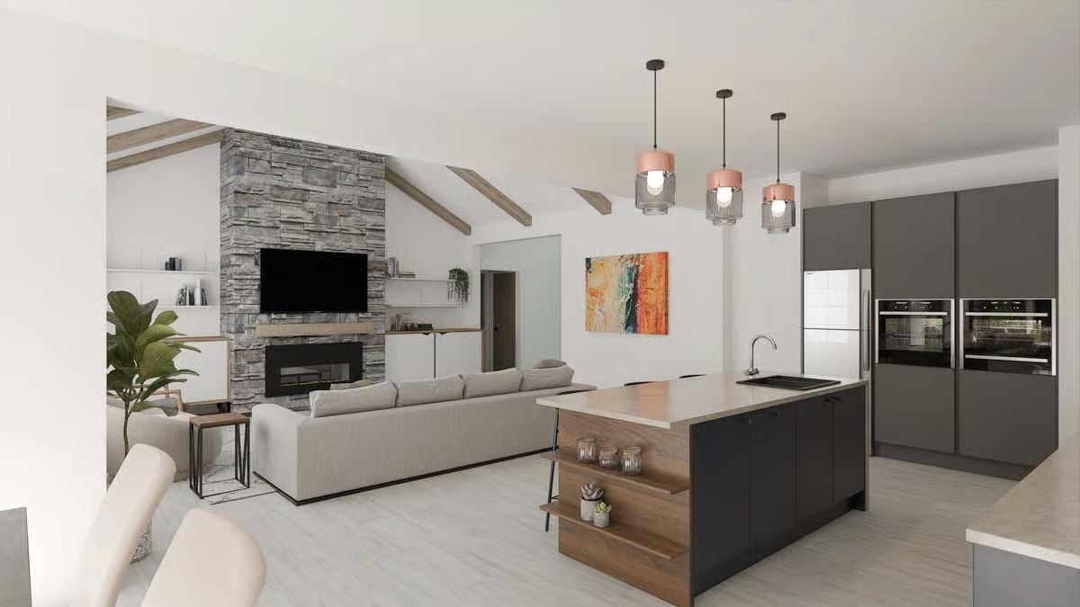 Copper Pendants and a Stone Fireplace Walk Into the Same Room and It Works