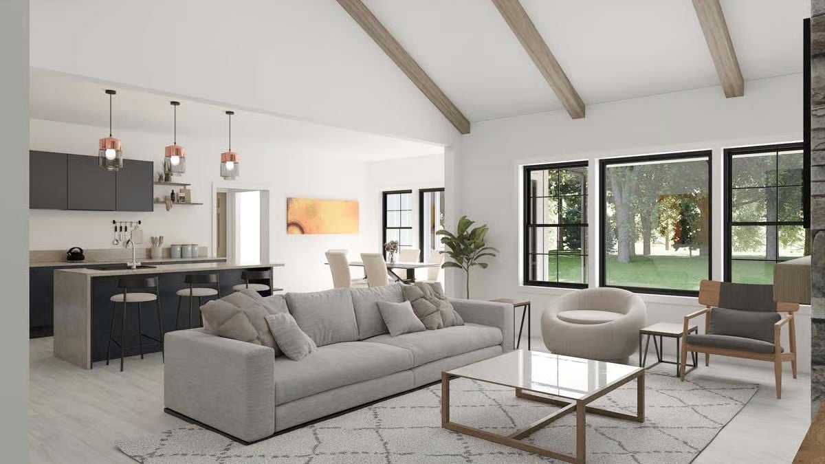 Exposed Beams, Open Kitchen, and a Sofa You Won't Want to Leave