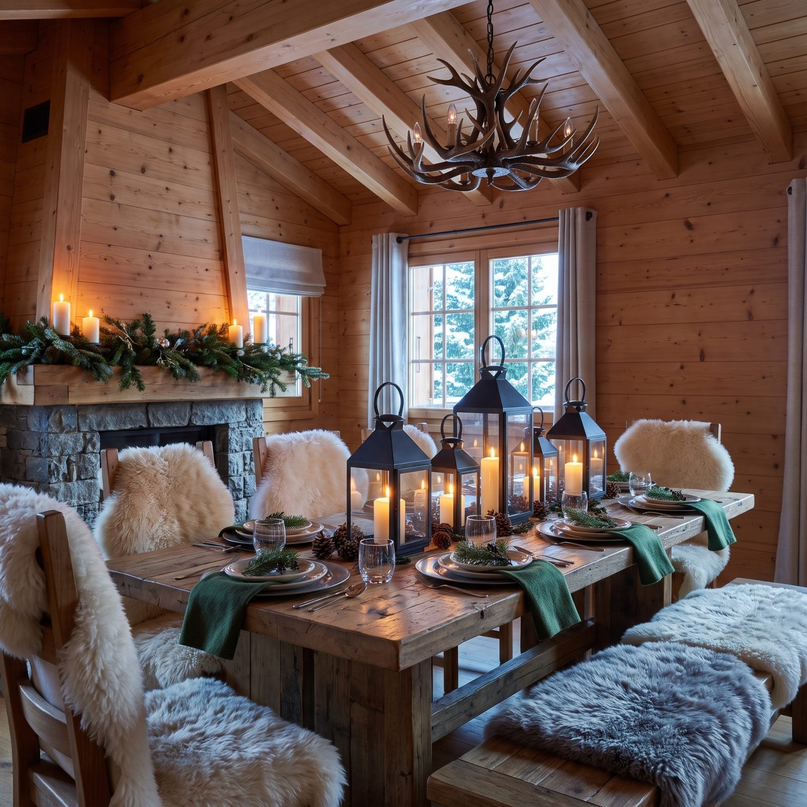 Lantern Light and Sheepskins in a Cozy Chalet Dining Room