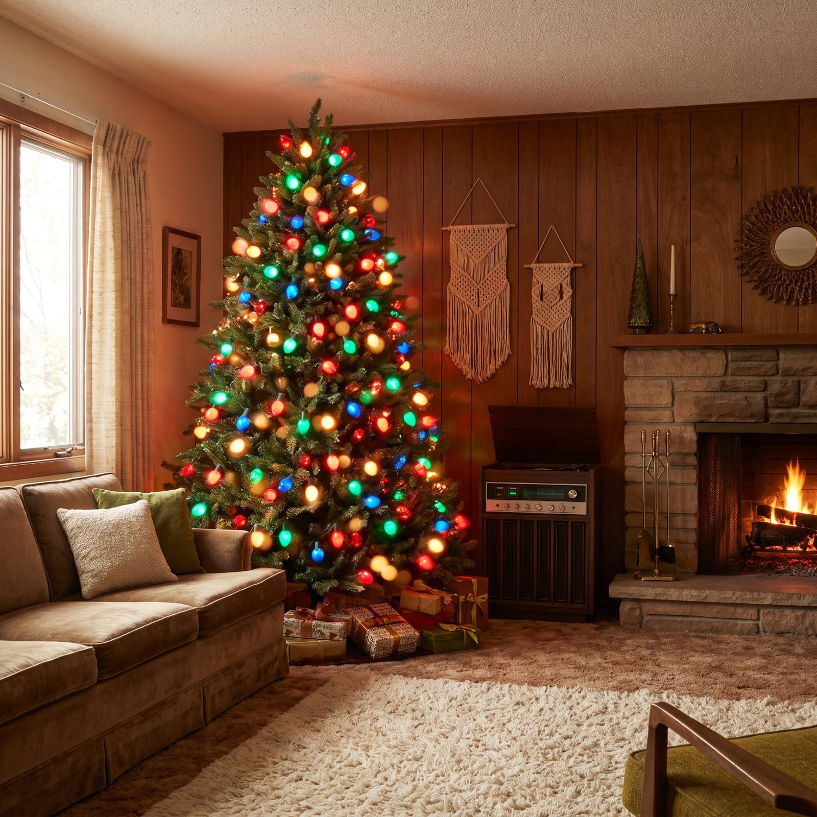 Large Multicolored C7 Bulbs on the Indoor Tree