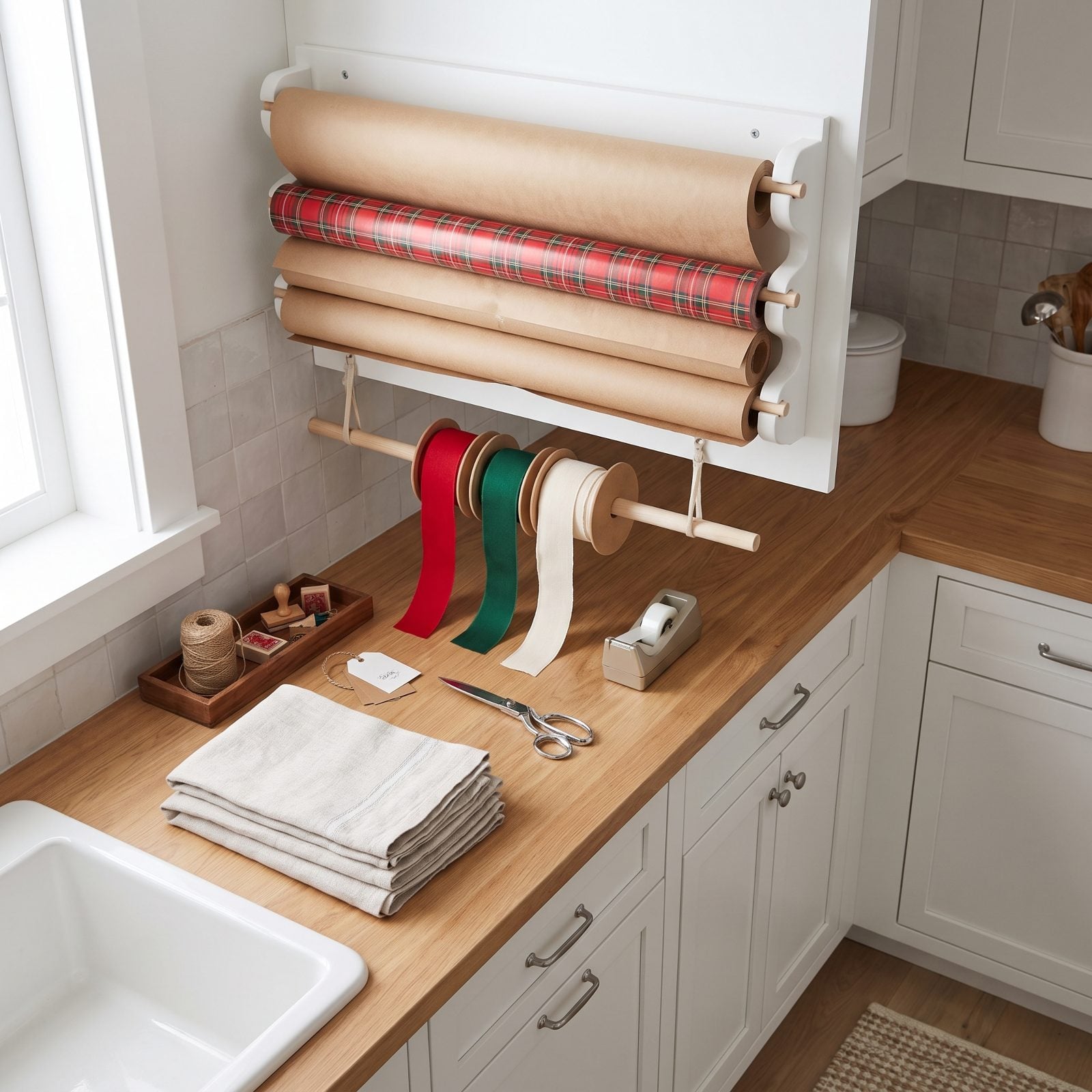 A Laundry Room Counter Staged as a Wrapping Station