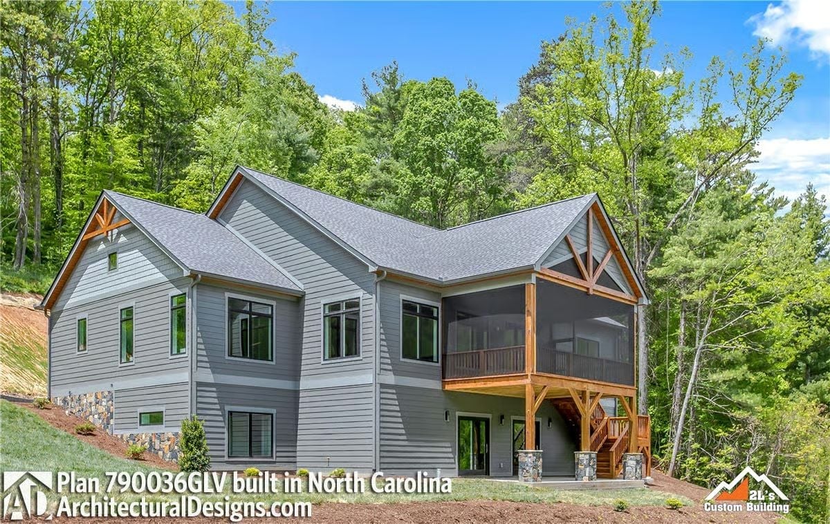 Screened Porch with Timber Frame Gables Perched Above a Wooded North Carolina Hillside