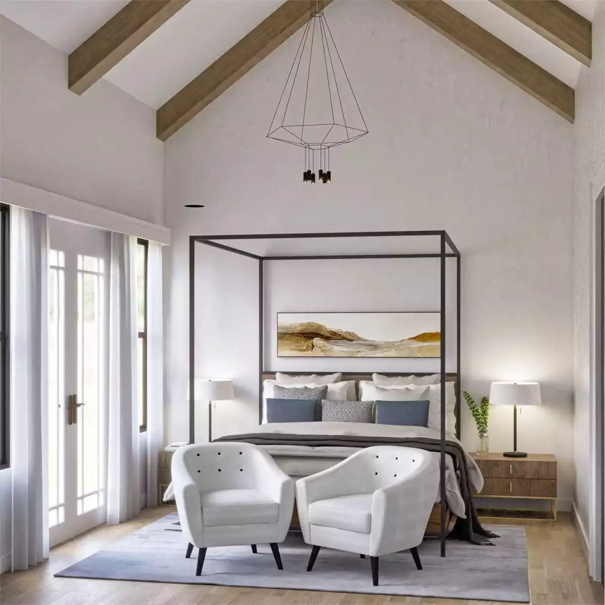 Vaulted Ceilings and a Four-Poster Bed Frame Give This Lake House Bedroom Real Presence