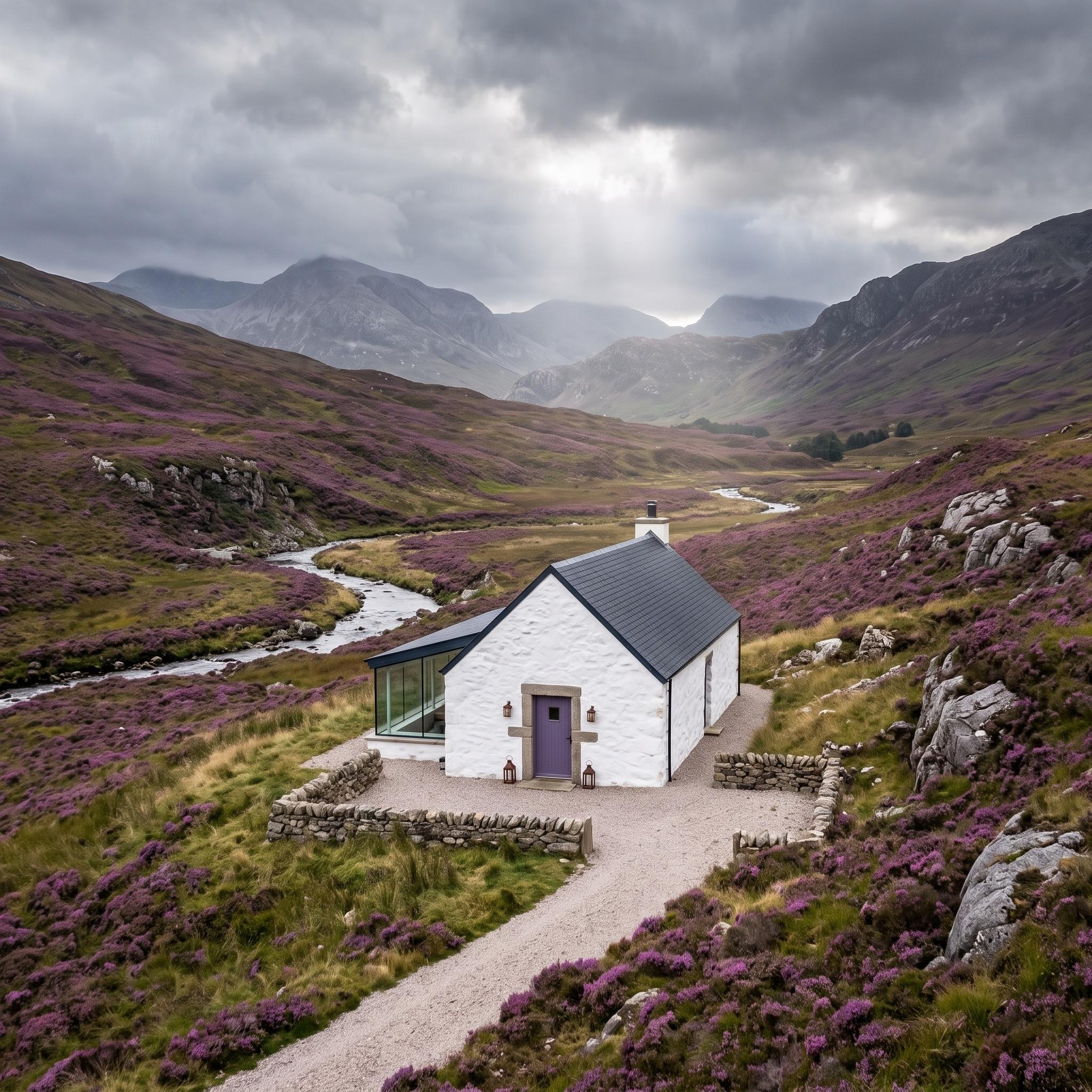 Lavender front door on a whitewashed stone cottage surrounded by purple heather and Highland scenery