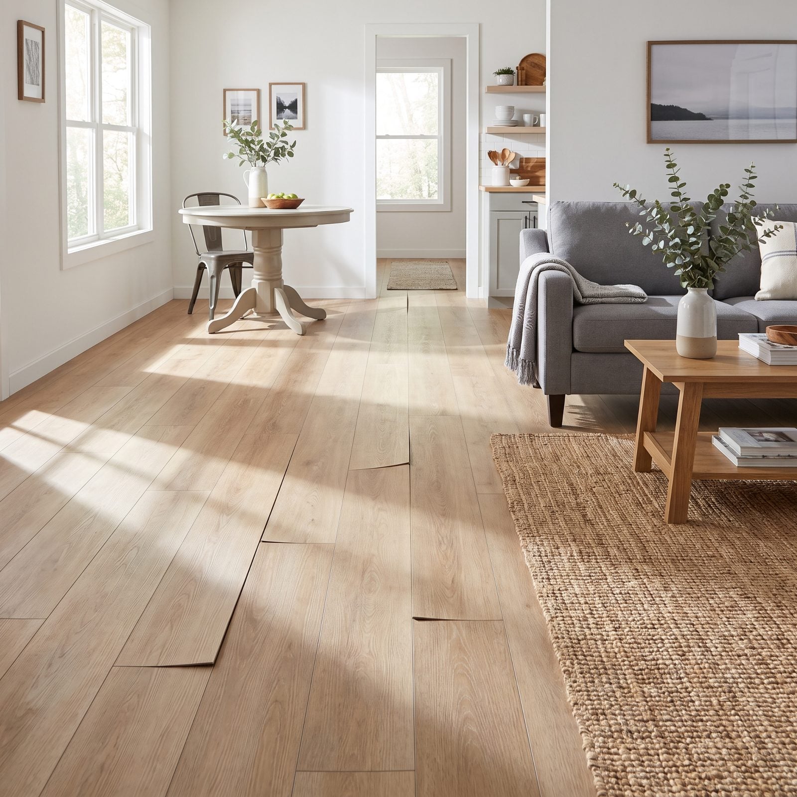 Light oak luxury vinyl plank floor showing a subtle wave and two lifted seams where the subfloor dips underneath.