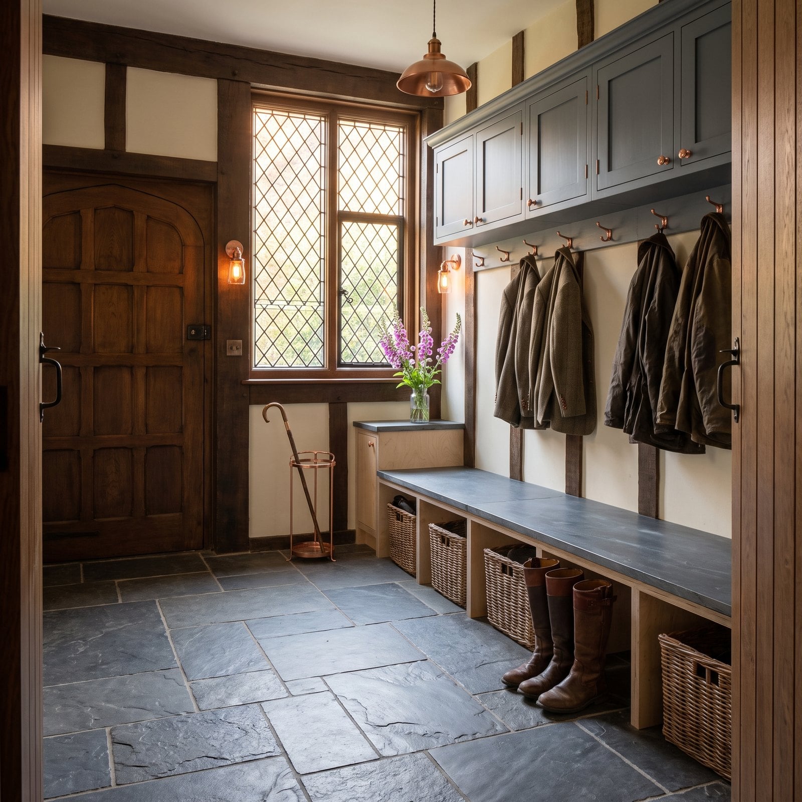 Leaded Glass, Dark Beams and Copper Sconces in a Tudor Boot Room