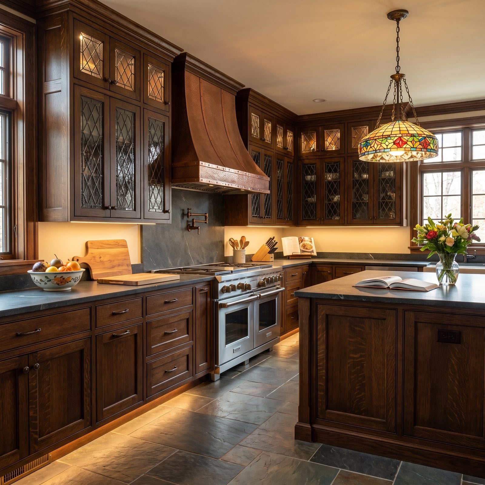 Kitchen with leaded glass-front cabinet doors: Diamond-lattice leaded glass uppers above dark quartersawn oak and a hammered copper hood.