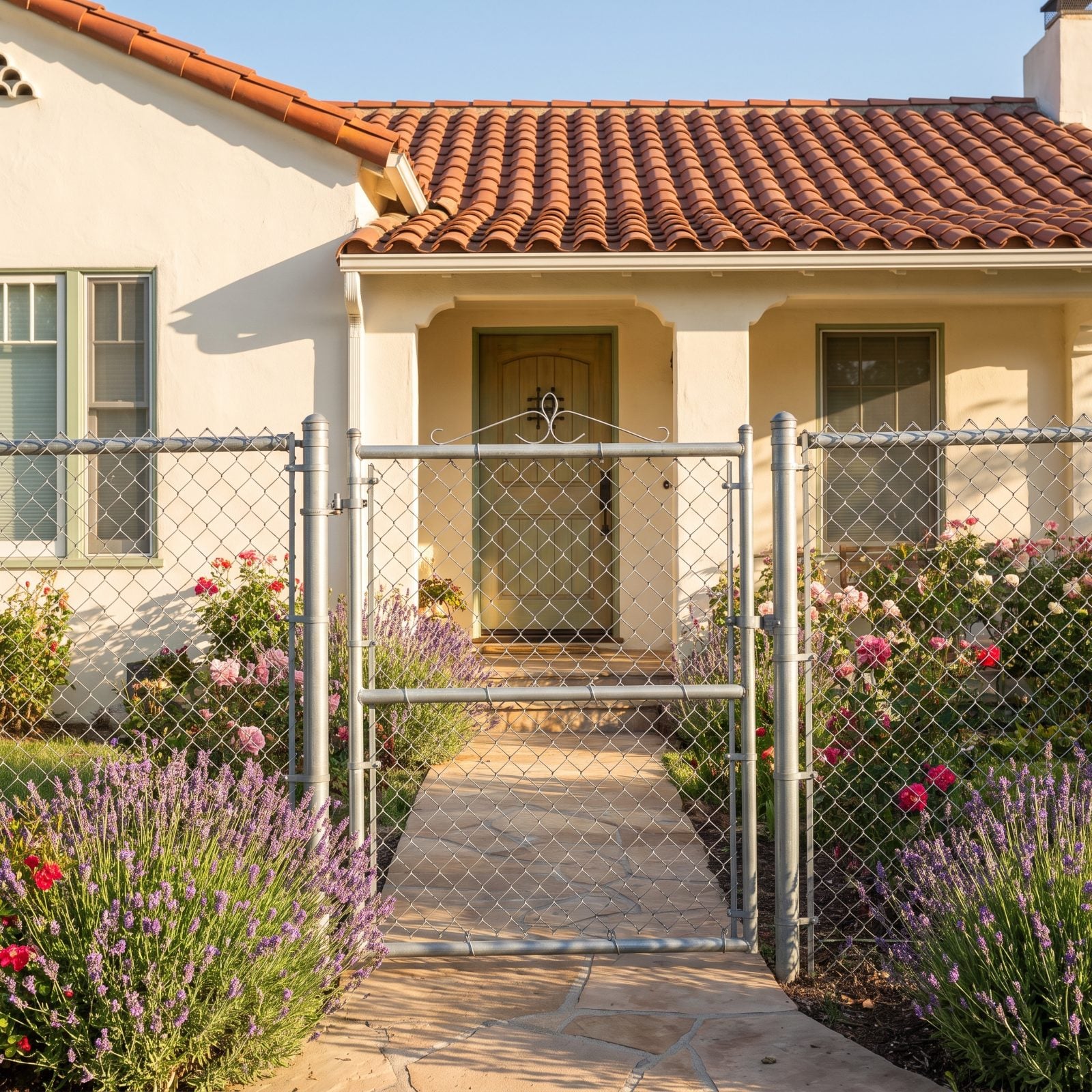 Cream stucco bungalow with a flowering garden and a galvanized chain-link gate centered on the front walkway.