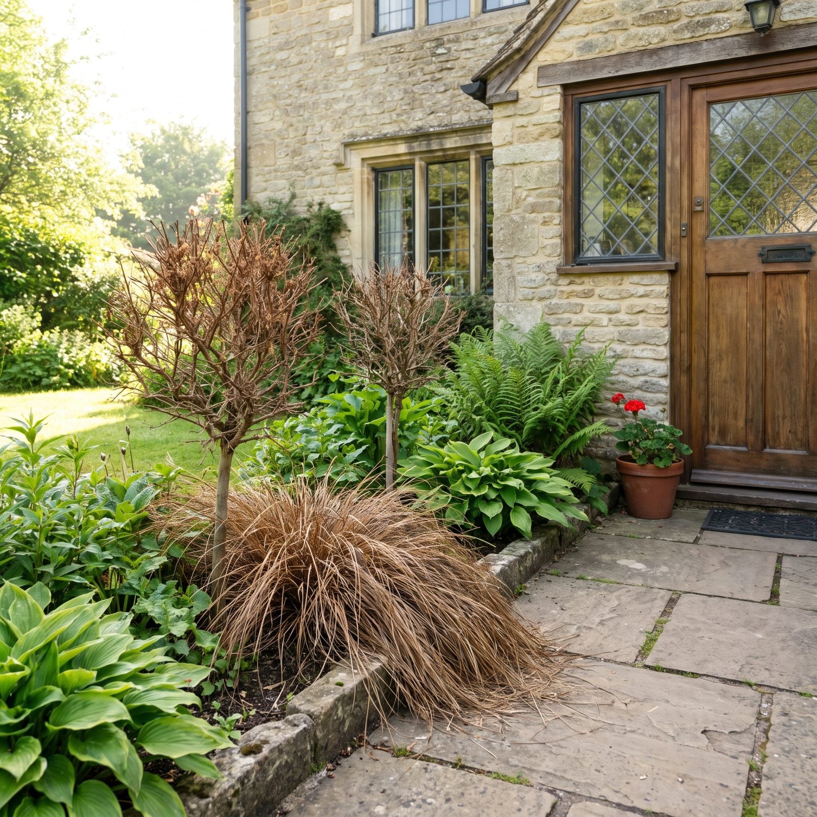 Stone cottage with a flagstone path and a front bed where two dead brown shrubs and one collapsed grass sit among healthy