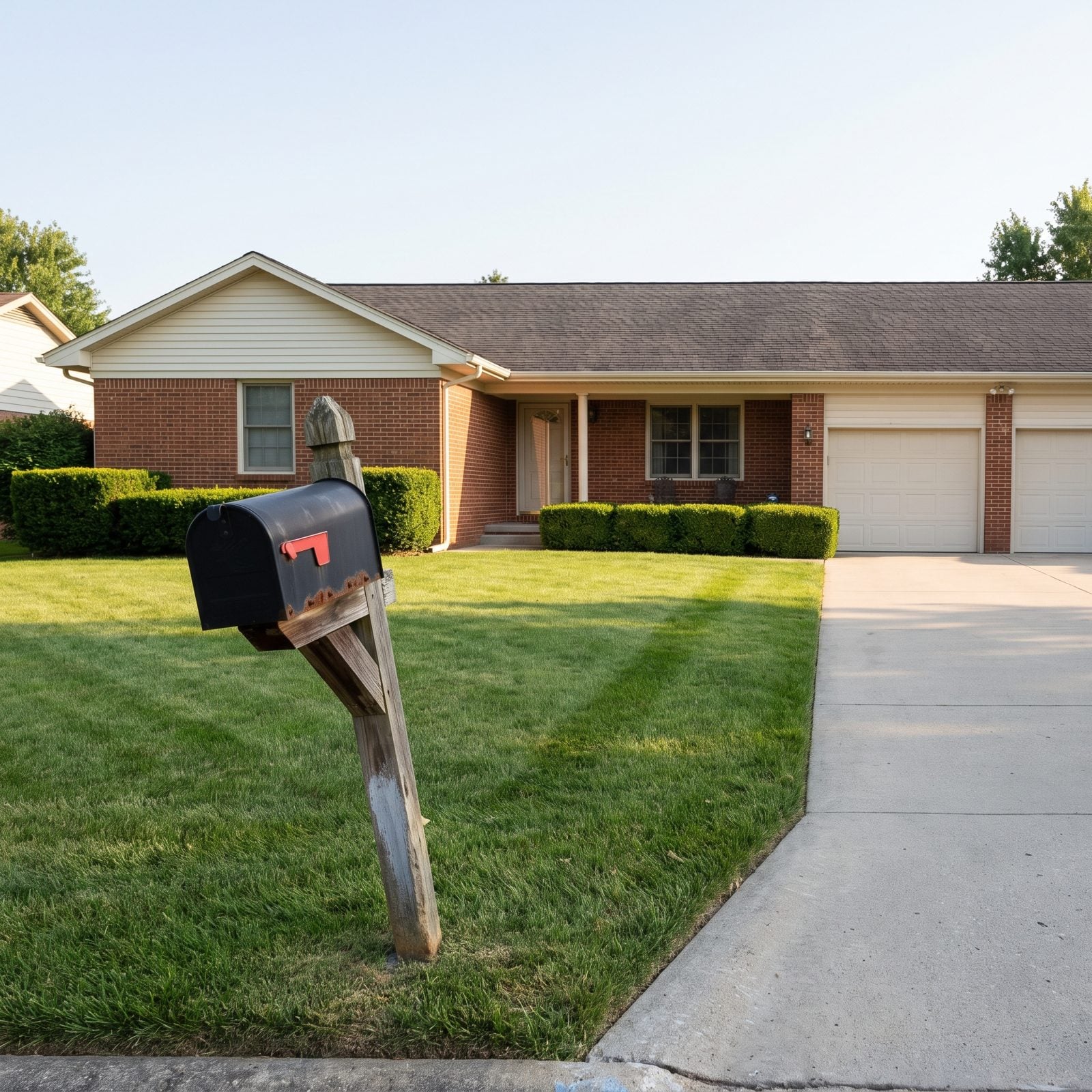 Brick ranch home with a tidy lawn and a slightly leaning, rust-spotted mailbox at the curb.