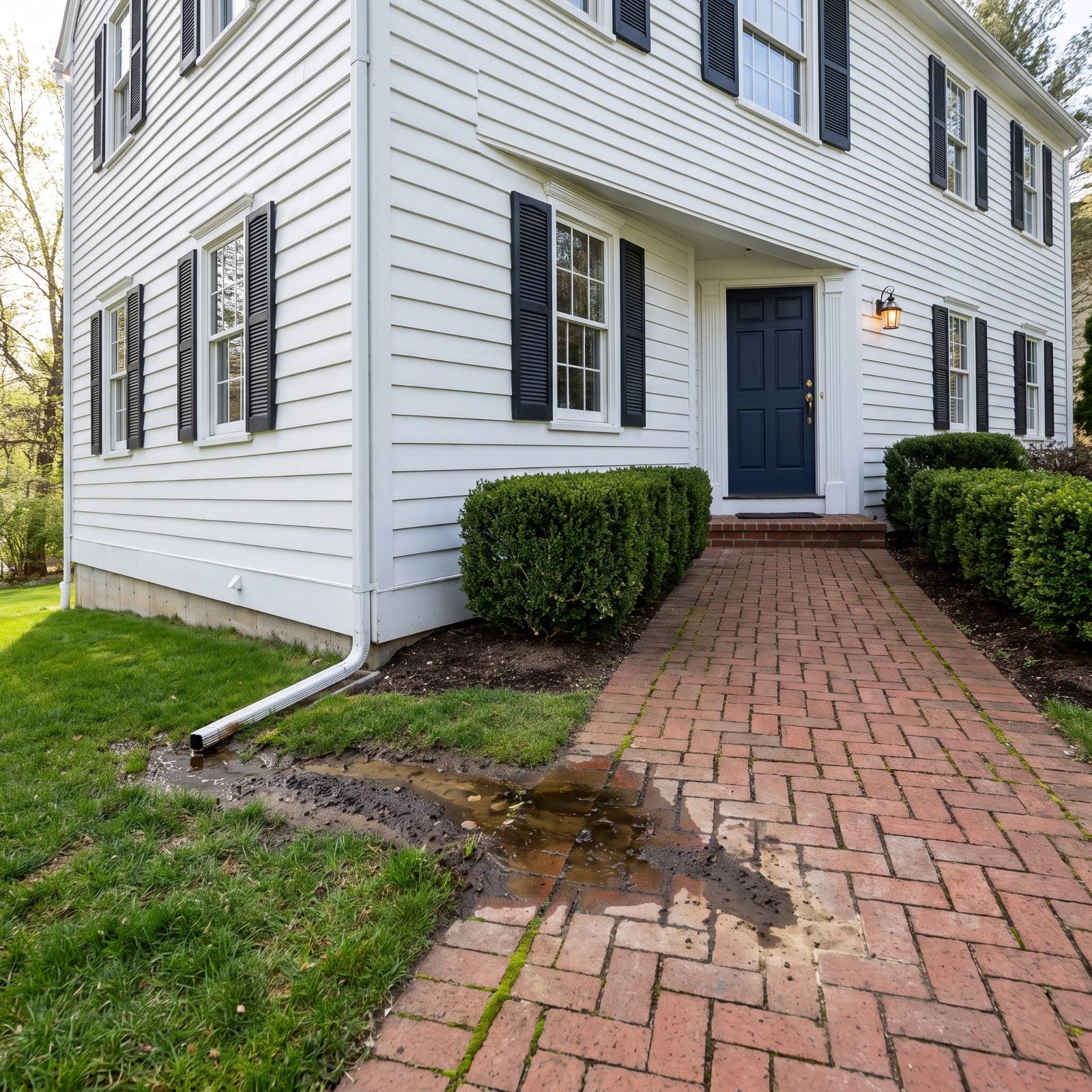 White colonial home with a brick front walk where a downspout drains across two pavers, leaving a muddy stain and moss along