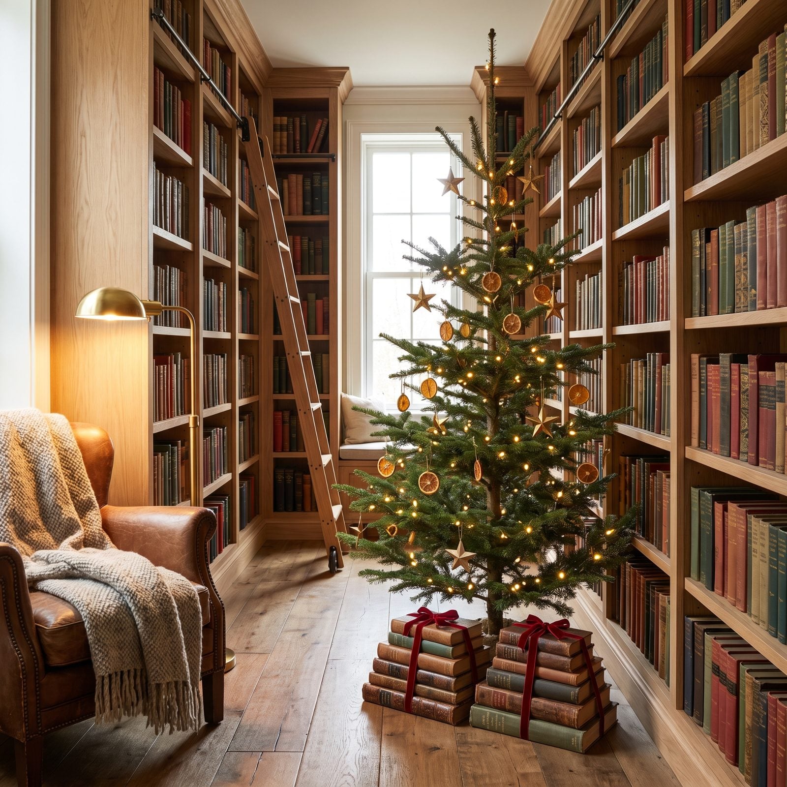 A Library Centered on a Fir Tree With Vintage Books Beneath It