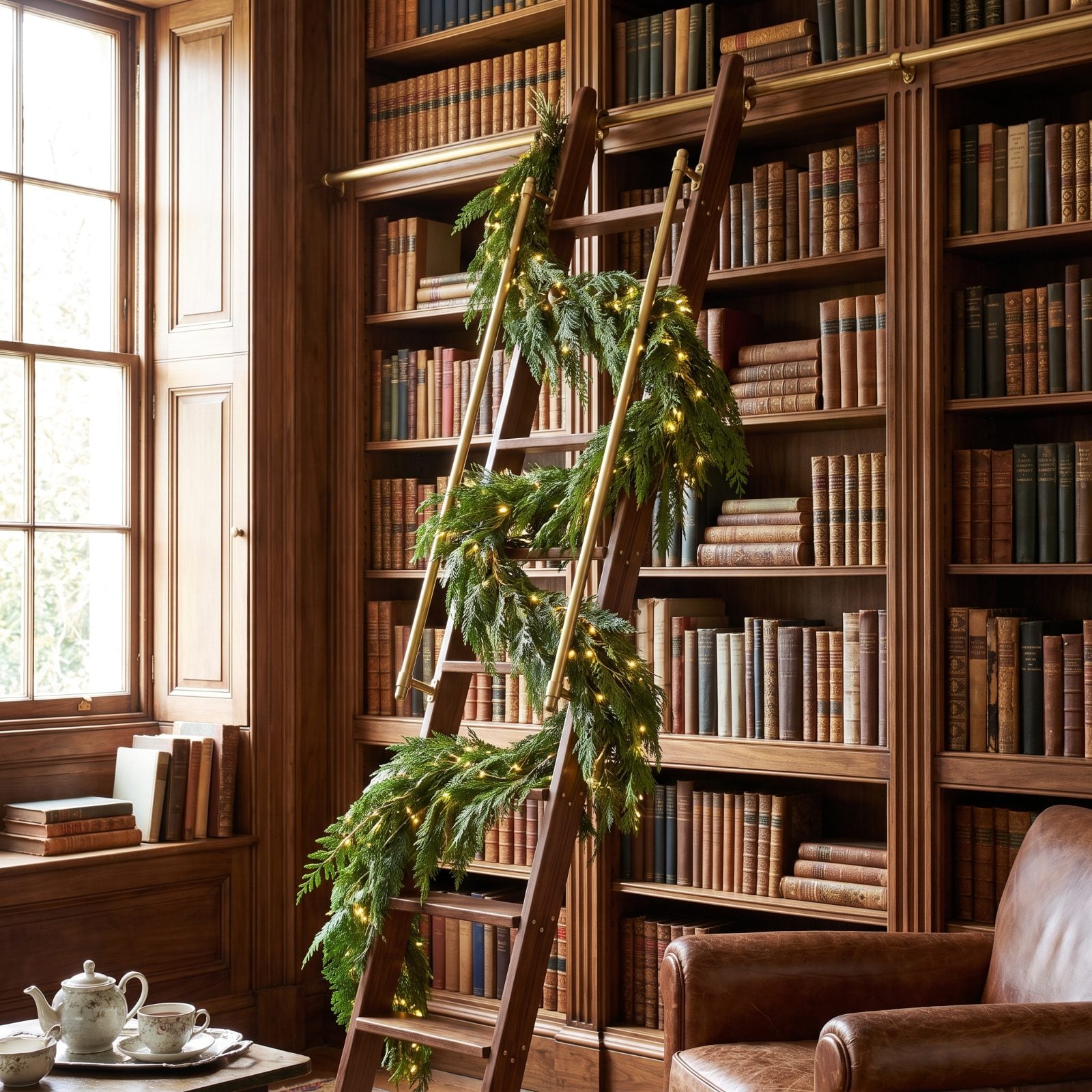 A Library Ladder Draped in Cascading Greenery