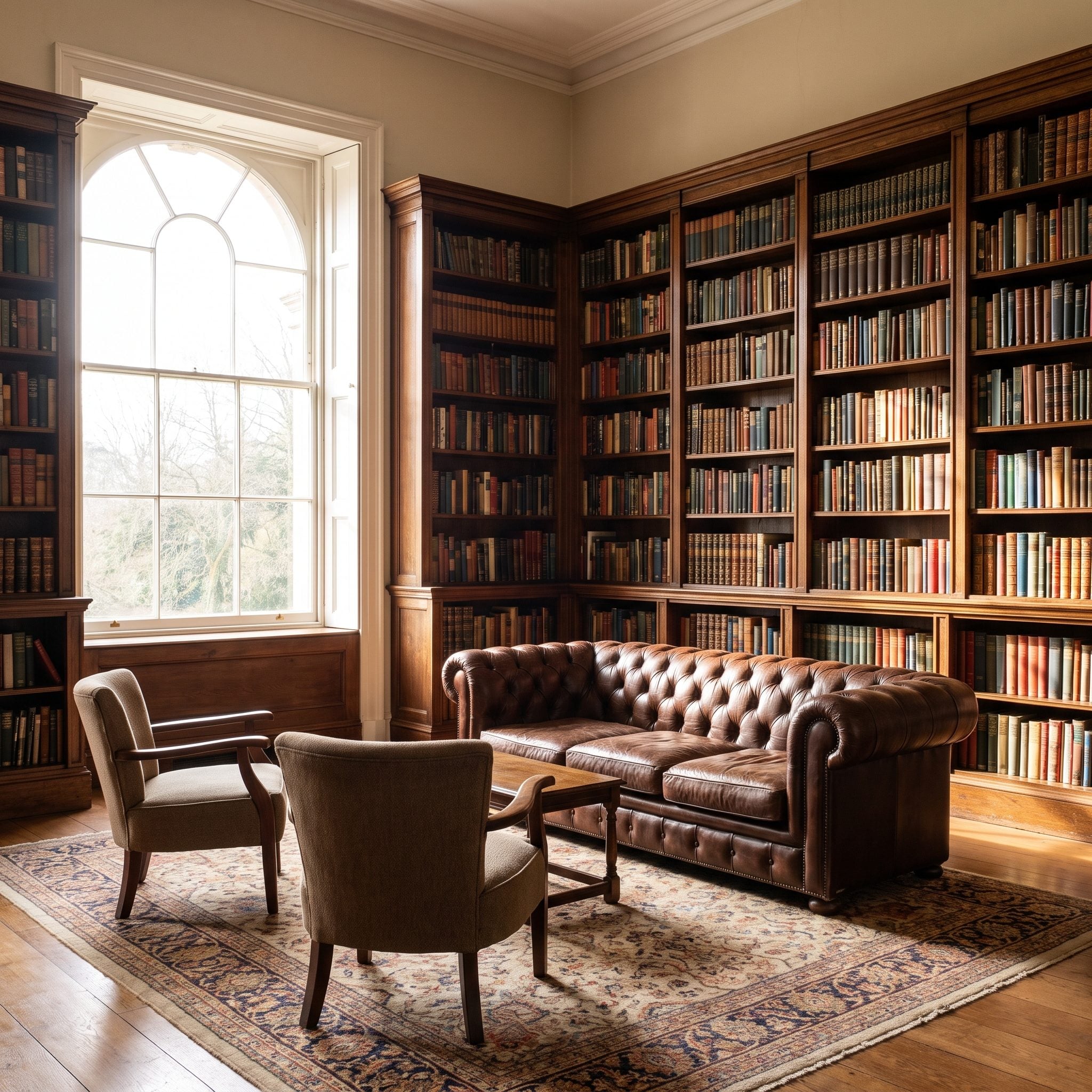 Olive sofa beside tall loaded walnut bookshelves with two very small end tables and narrow lamps.