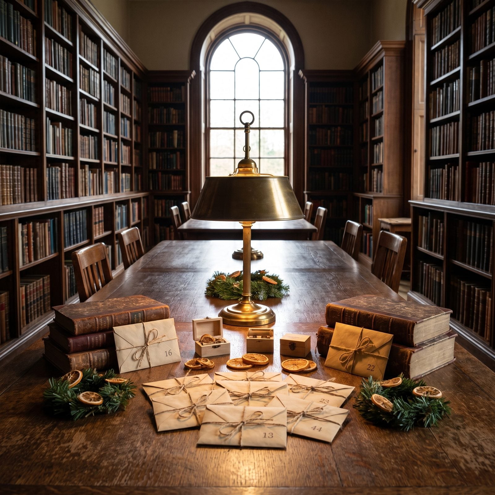 A Library Table Set With an Old-World Advent Display