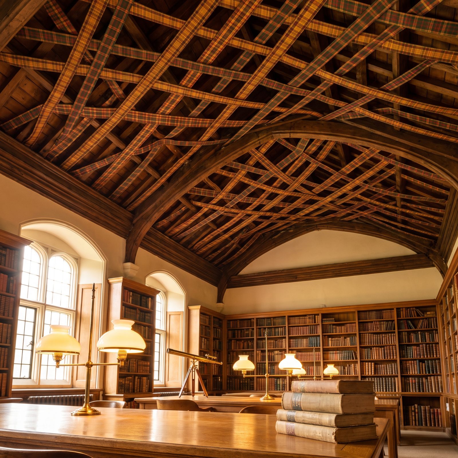 A Library With Tartan Ribbons Woven Across the Ceiling