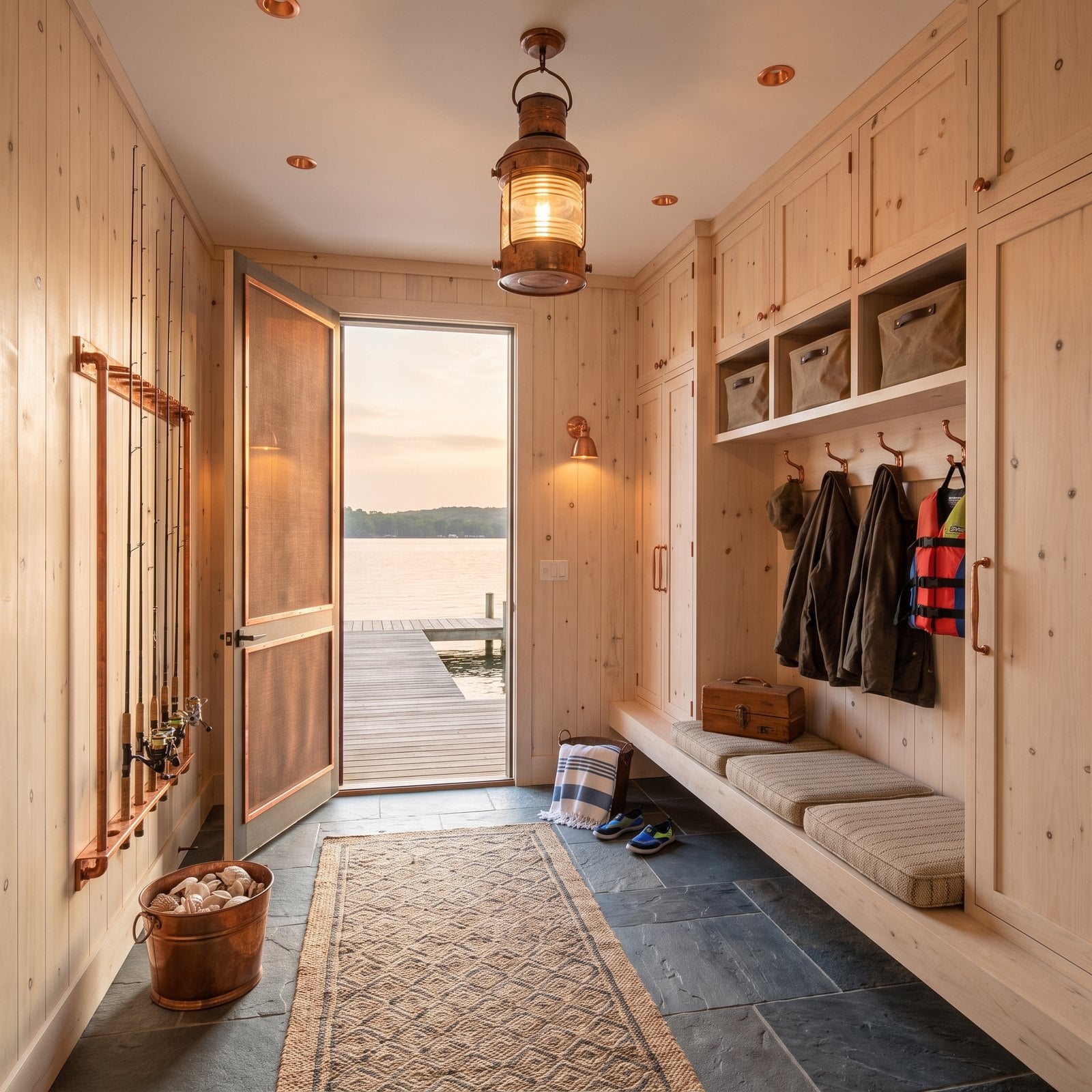 Life Jackets and Fishing Rods Hang Over Birch Cubbies at the Lake House