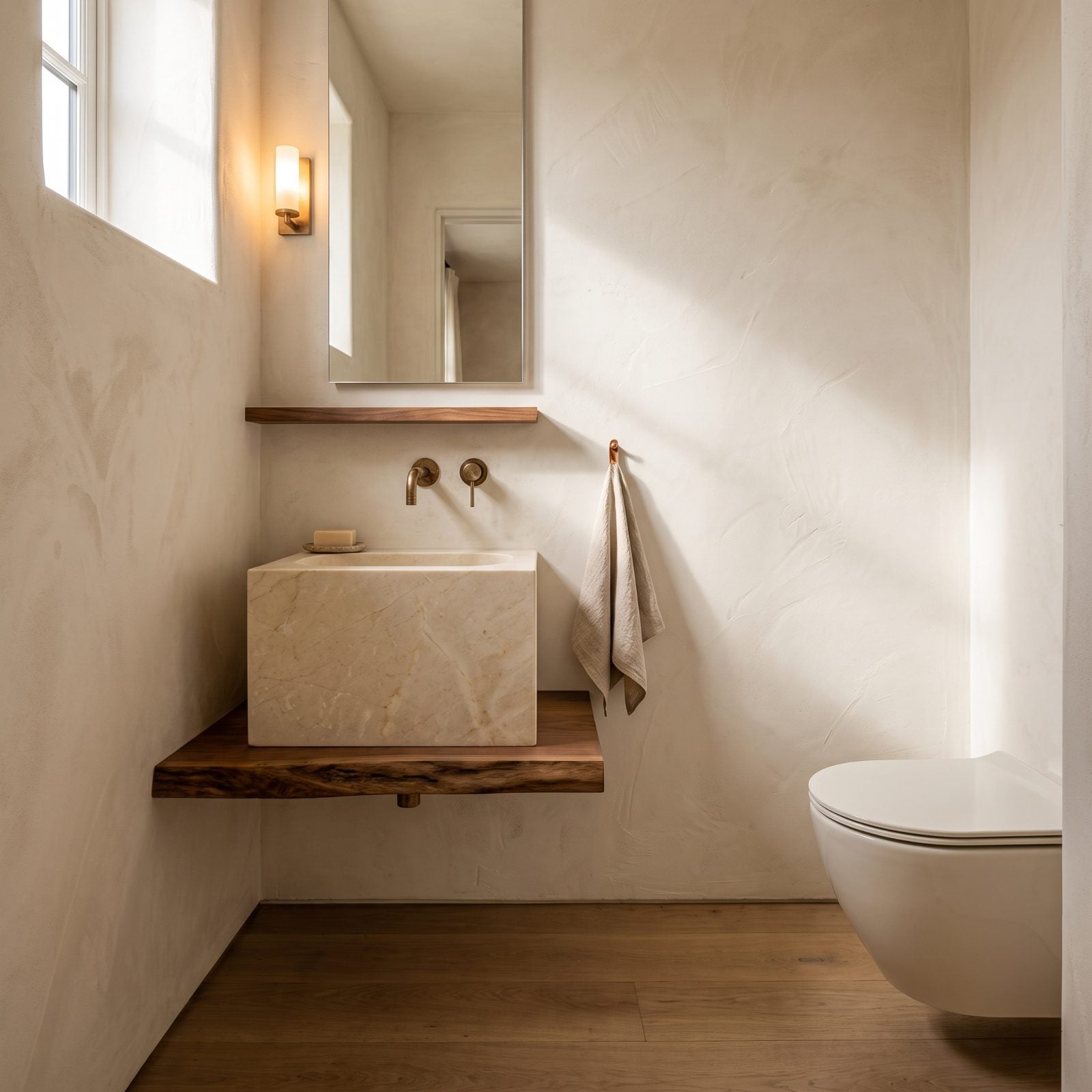 Lime-Plaster Walls, a Carved Marble Basin, Walnut Ledge