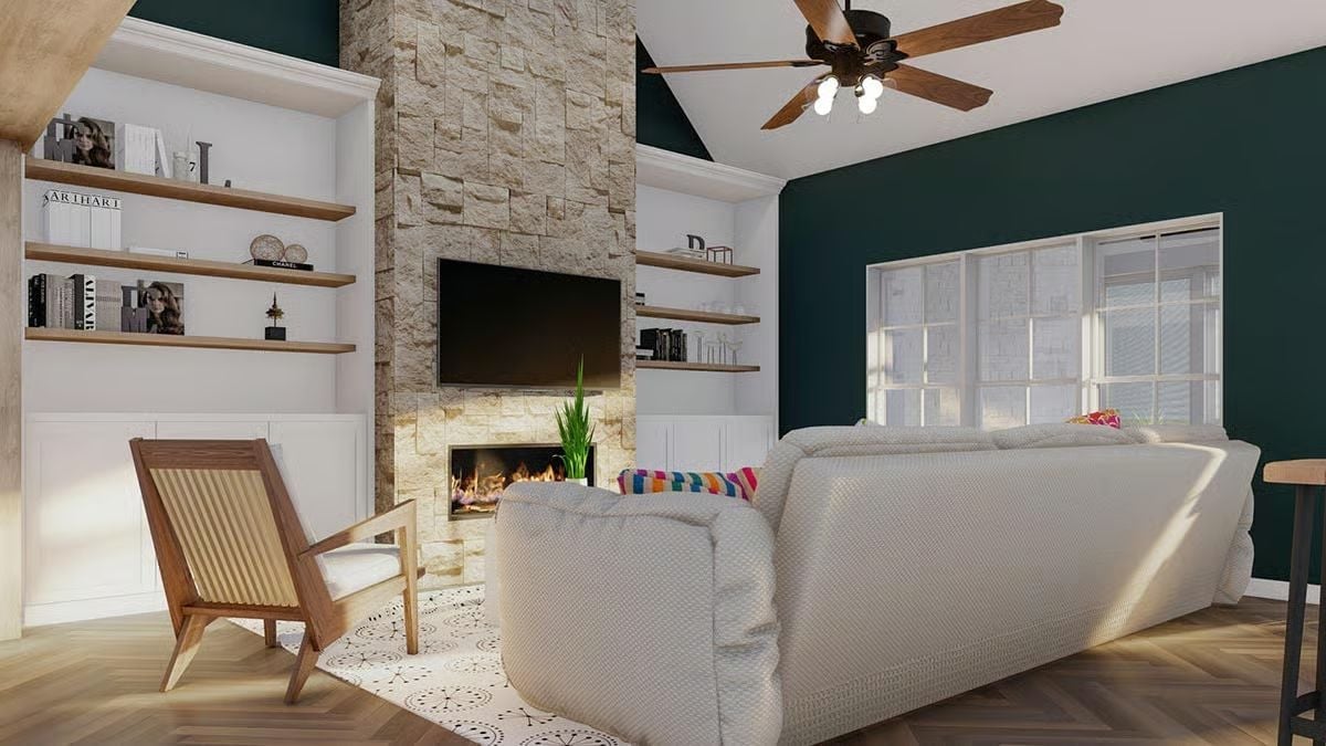 Stone Fireplace Tower, Built-In Shelves, and a Ceiling Fan That Earns Its Keep