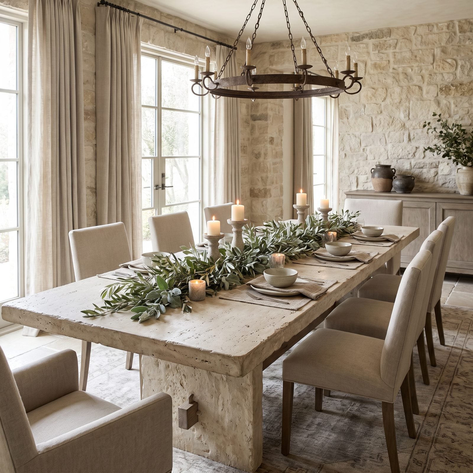 A Limestone Dining Room Dressed With Olive Branches
