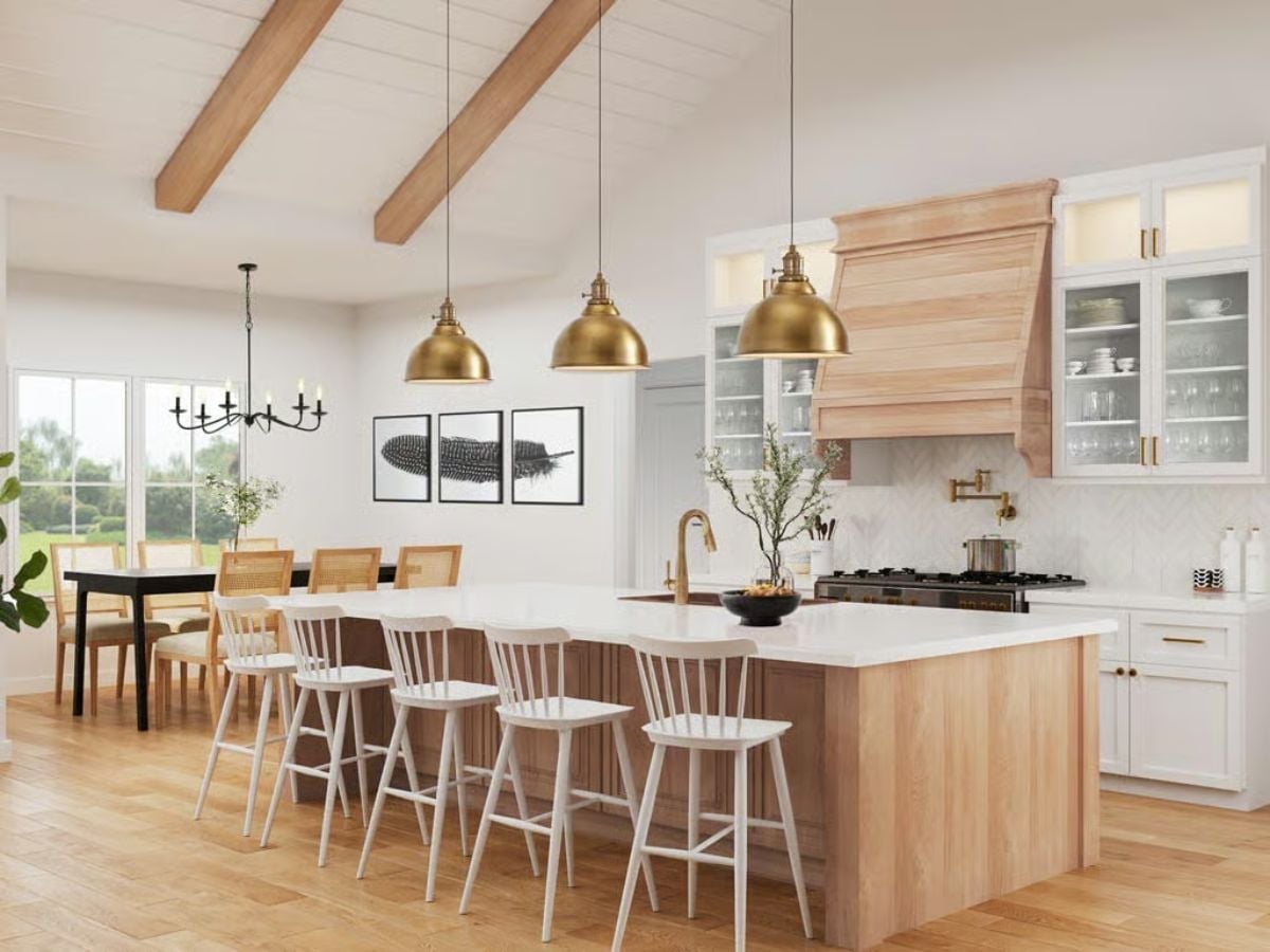 Gold Pendants and Bare Wood Pull This Kitchen Away From Generic Farmhouse