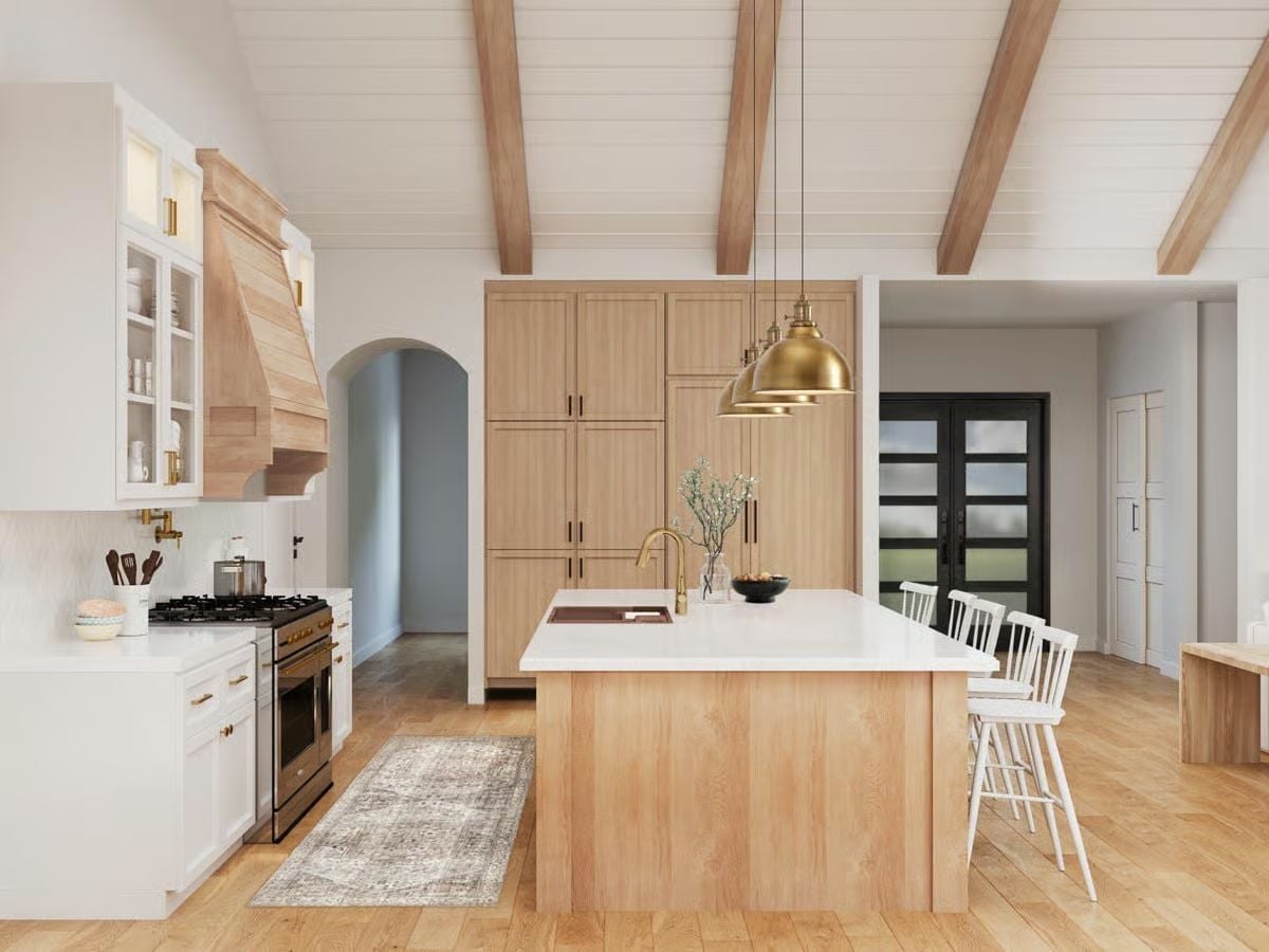 Gold Pendants and Bare Wood Pull This Kitchen Away From Generic Farmhouse