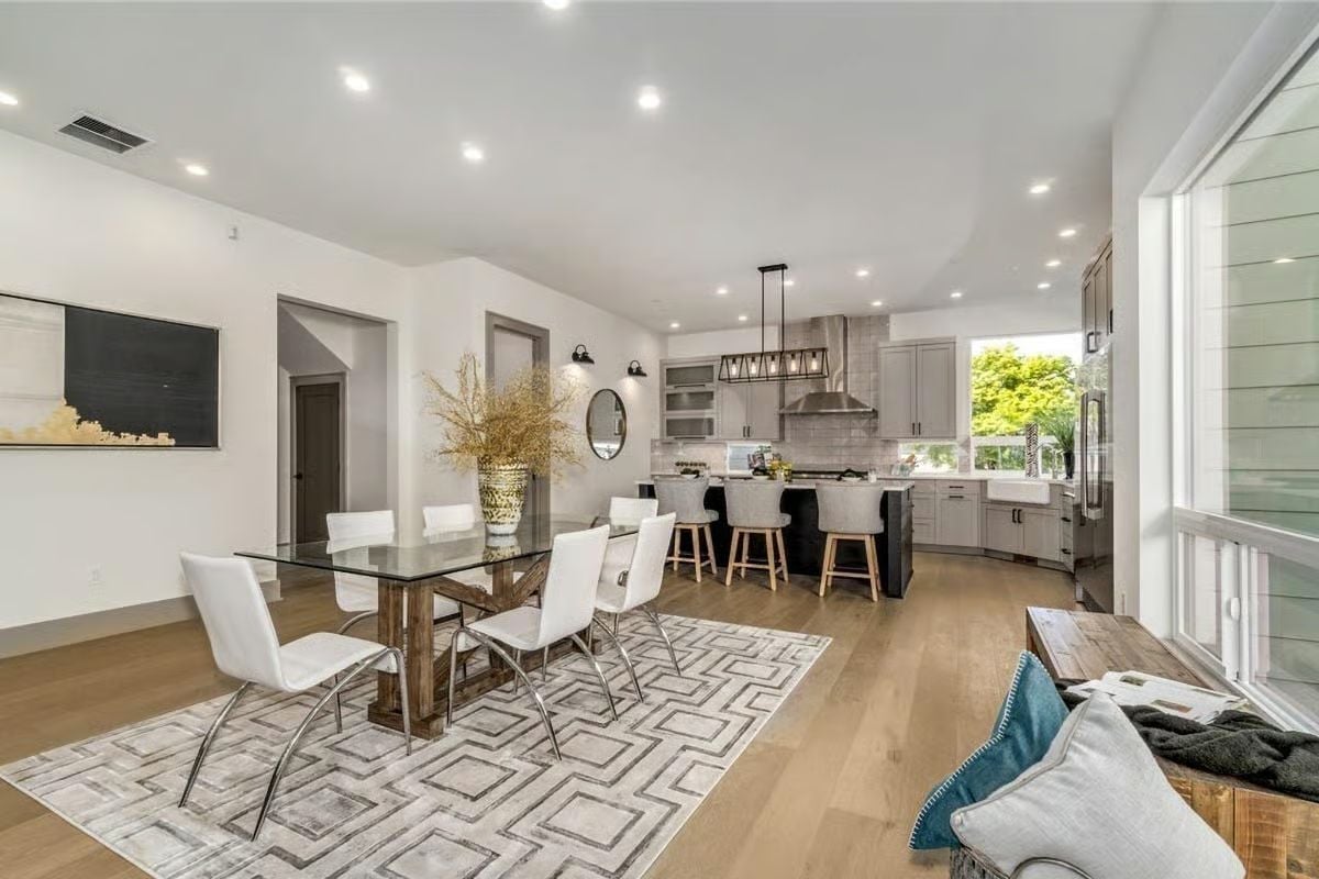 Reclaimed Wood Base, Glass Top, White Chrome Chairs: Dining Done Right