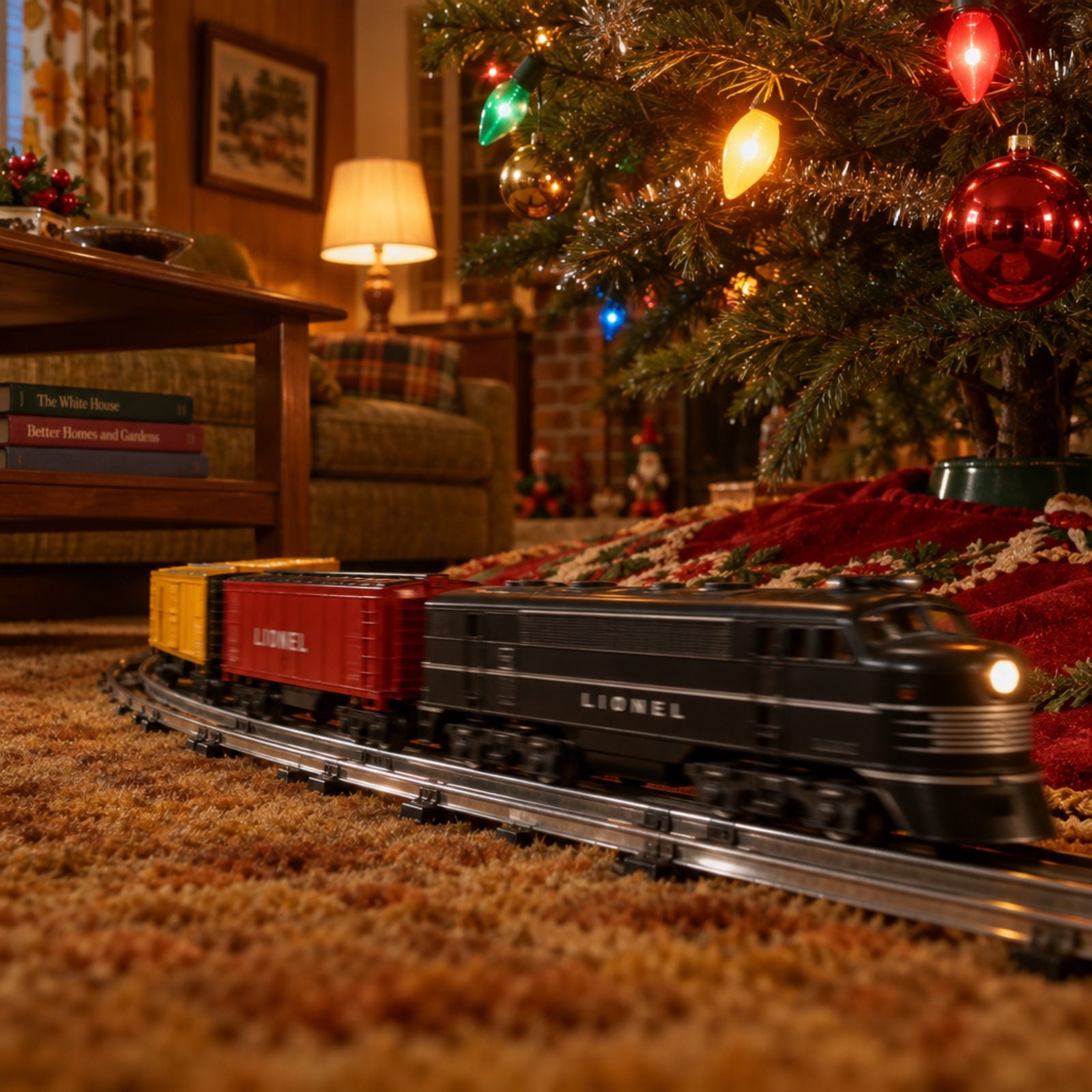 A Lionel Train Circling the Tree Skirt