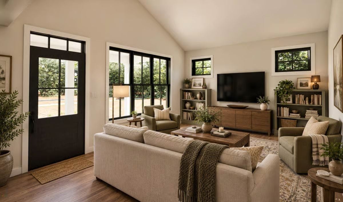 Sage, Linen, and Walnut Pull This Living Room Into Perfect Quiet