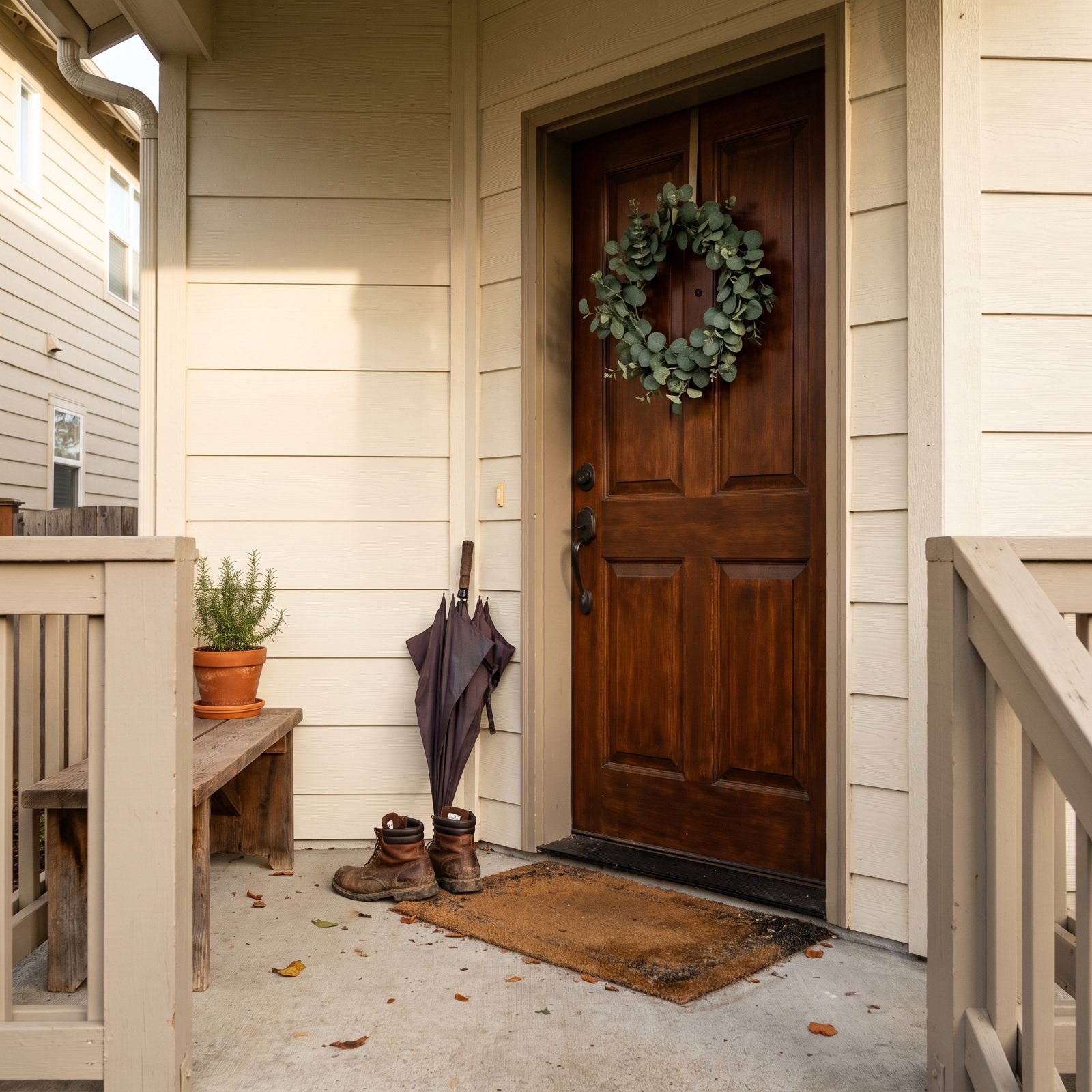 Wood-stained front door with an off-center eucalyptus wreath, a pair of boots and a folded umbrella beside it.