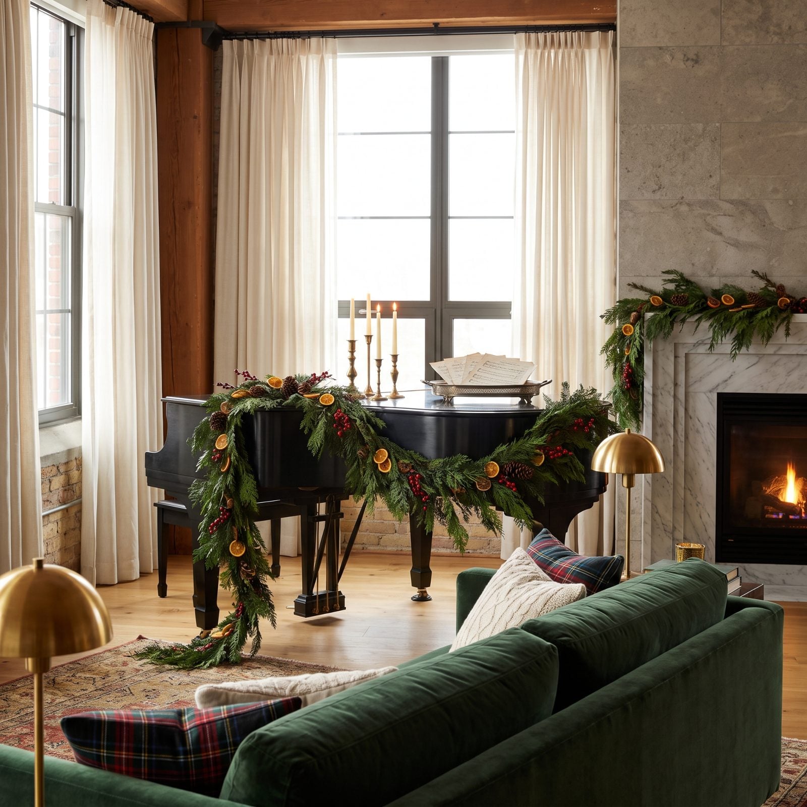 A Living Room Featuring a Grand Piano Draped in Cedar