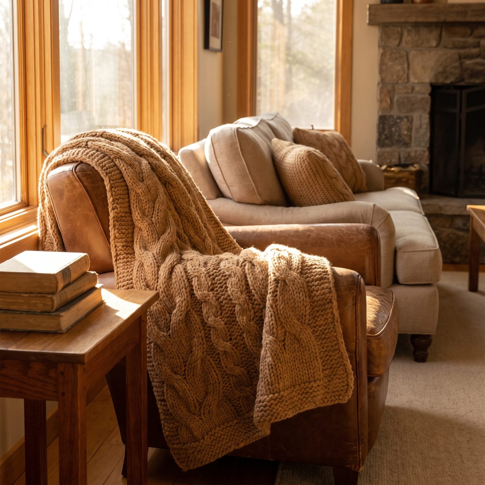 A Living Room Finished with Chunky Knit Throws