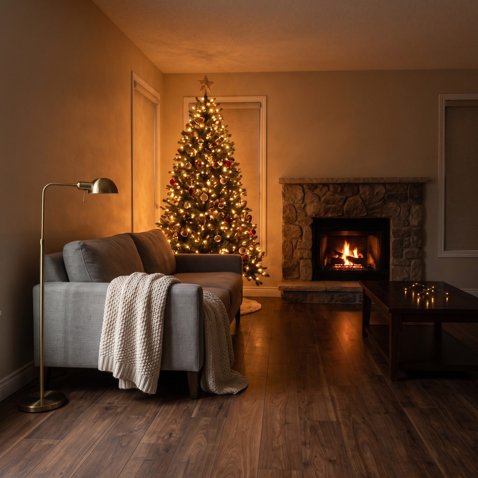 A Living Room Lit Only by the Christmas Tree and Fireplace
