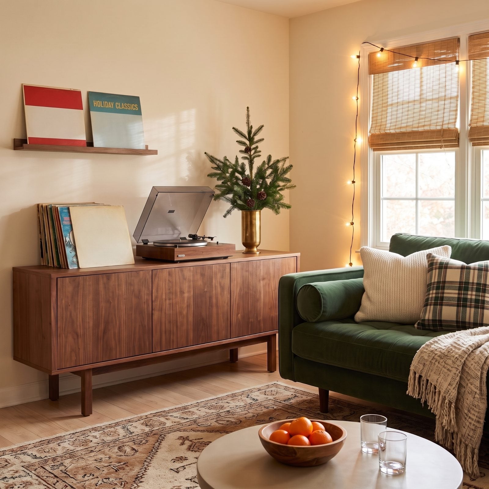A Living Room With a Record Player and Vintage Holiday Albums