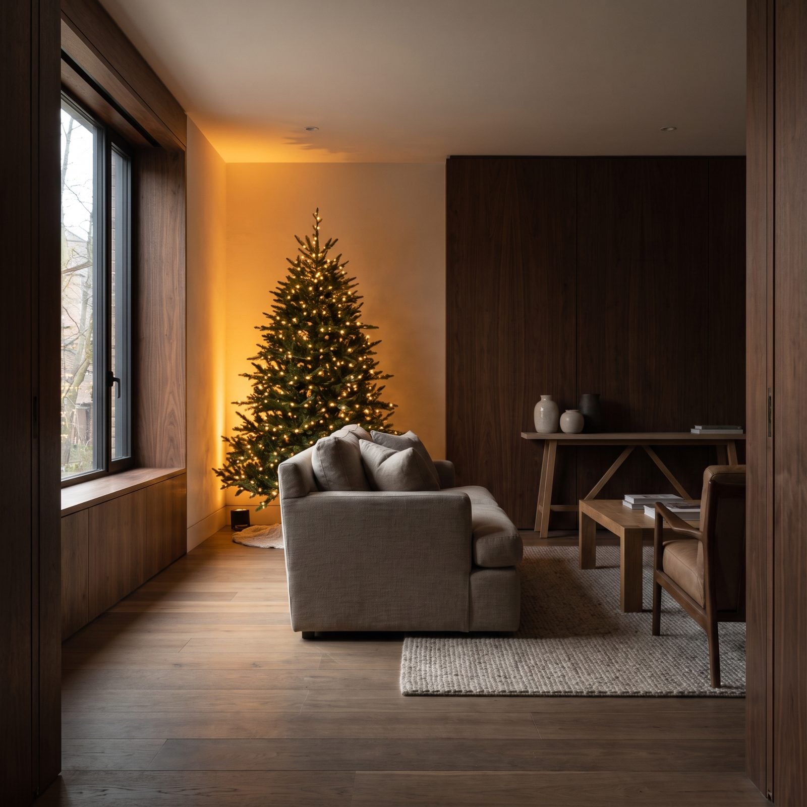 A Living Room with Uplights Hidden Behind the Christmas Tree