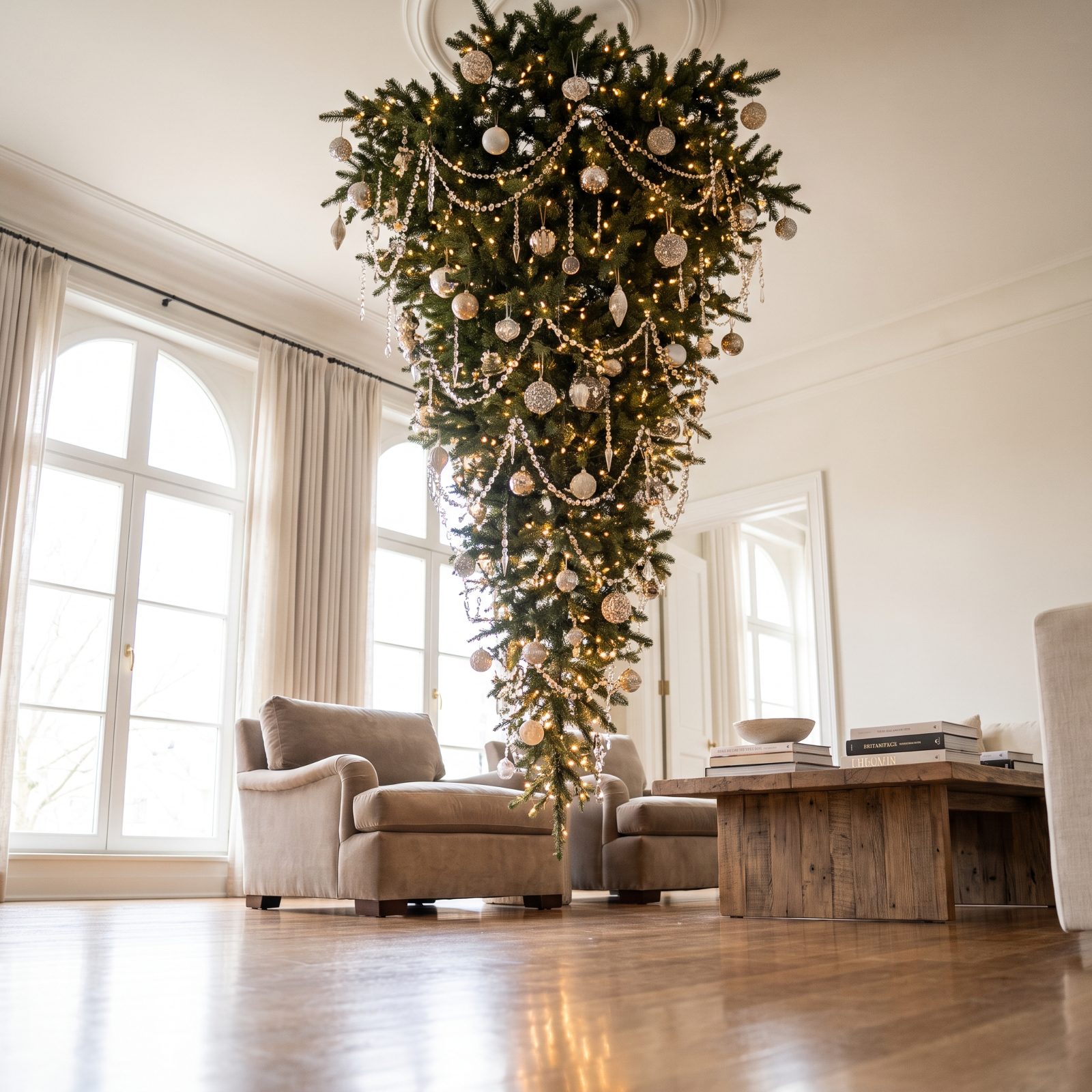 A Living Room With an Upside-Down Christmas Tree Chandelier