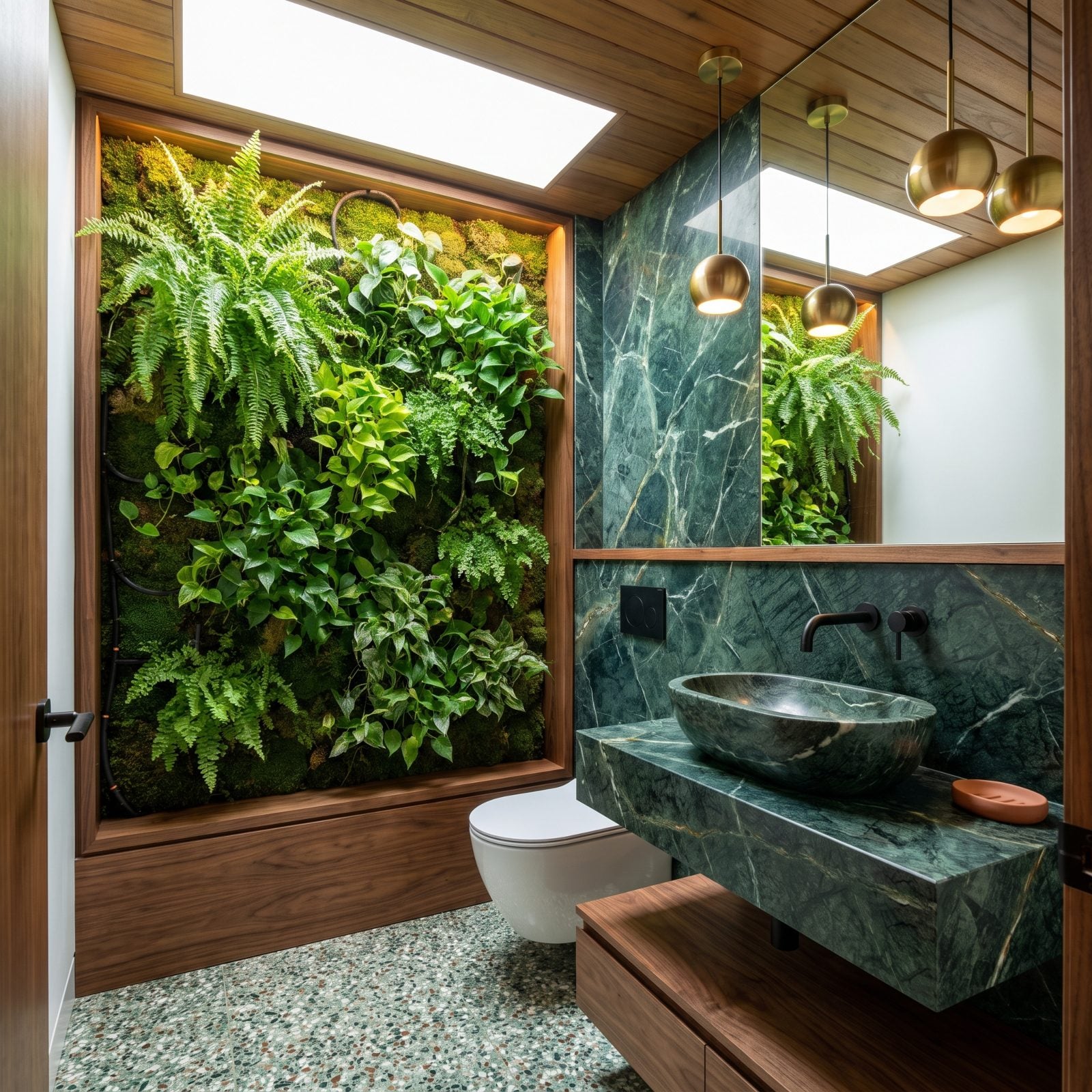 A Living Wall Meets Green Marble and Warm Walnut