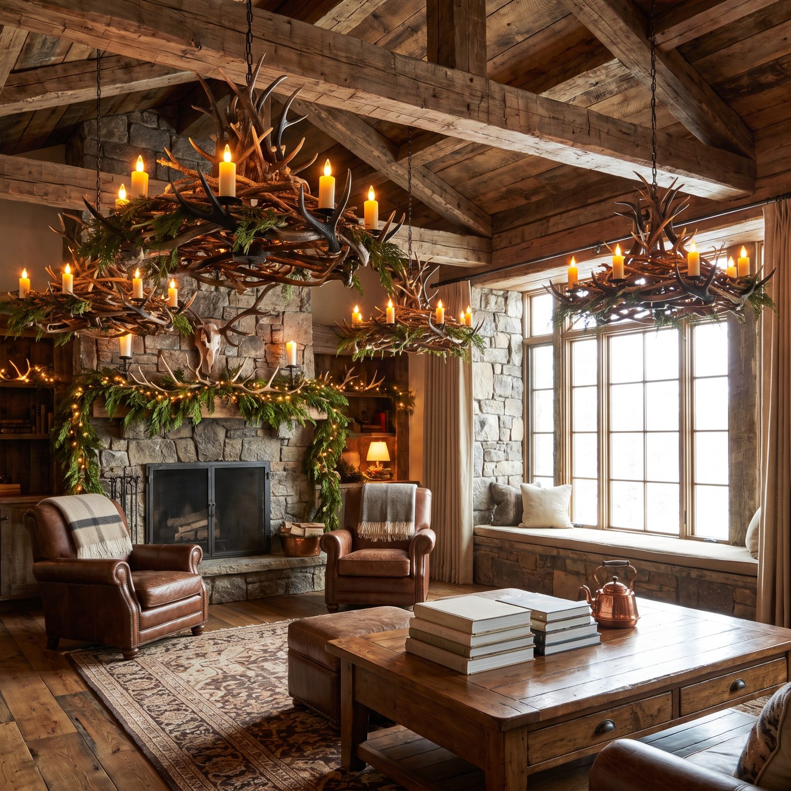 A Lodge Room With Cedar-Wrapped Antler Chandeliers