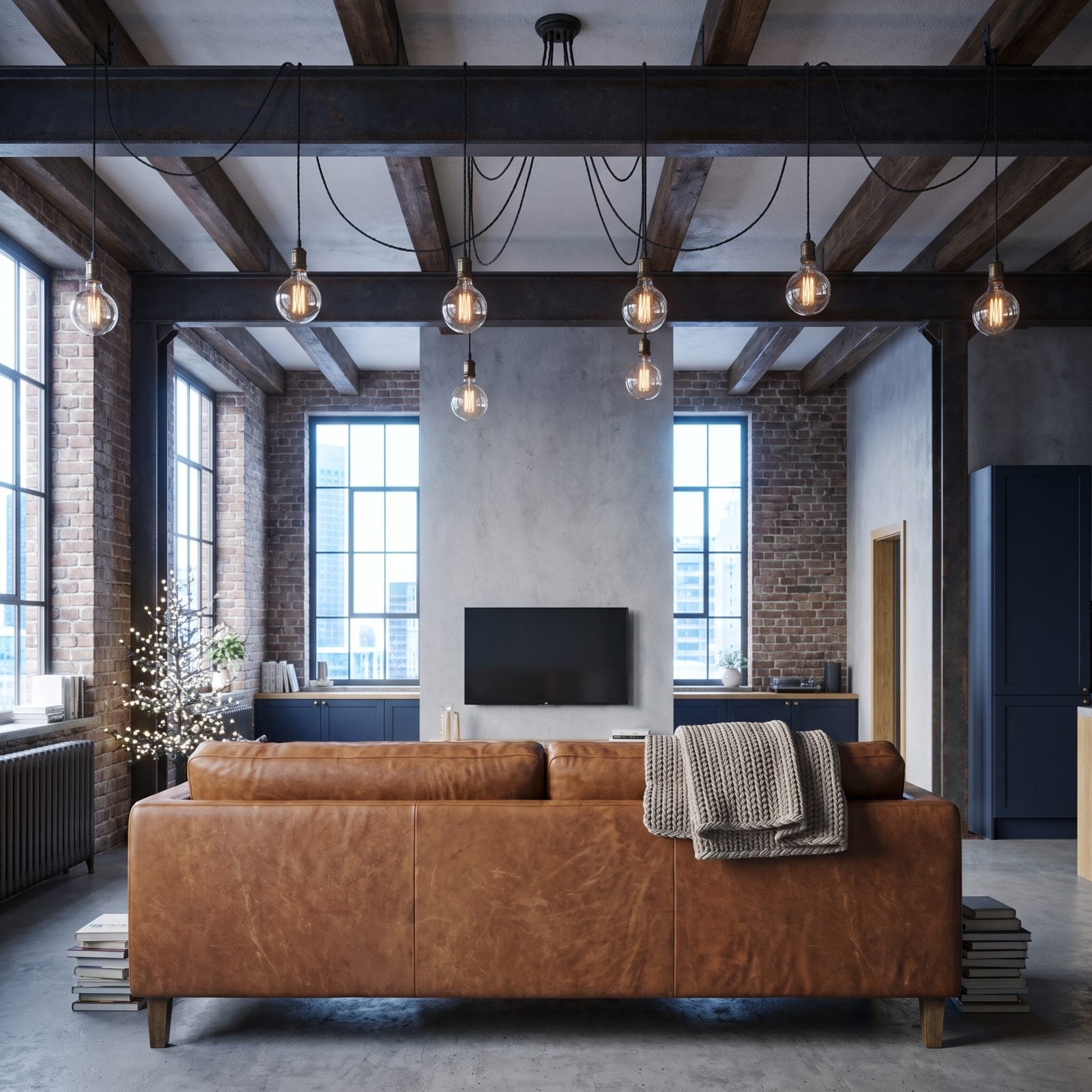 A Loft with Oversized Light Bulbs Strung Between Beams