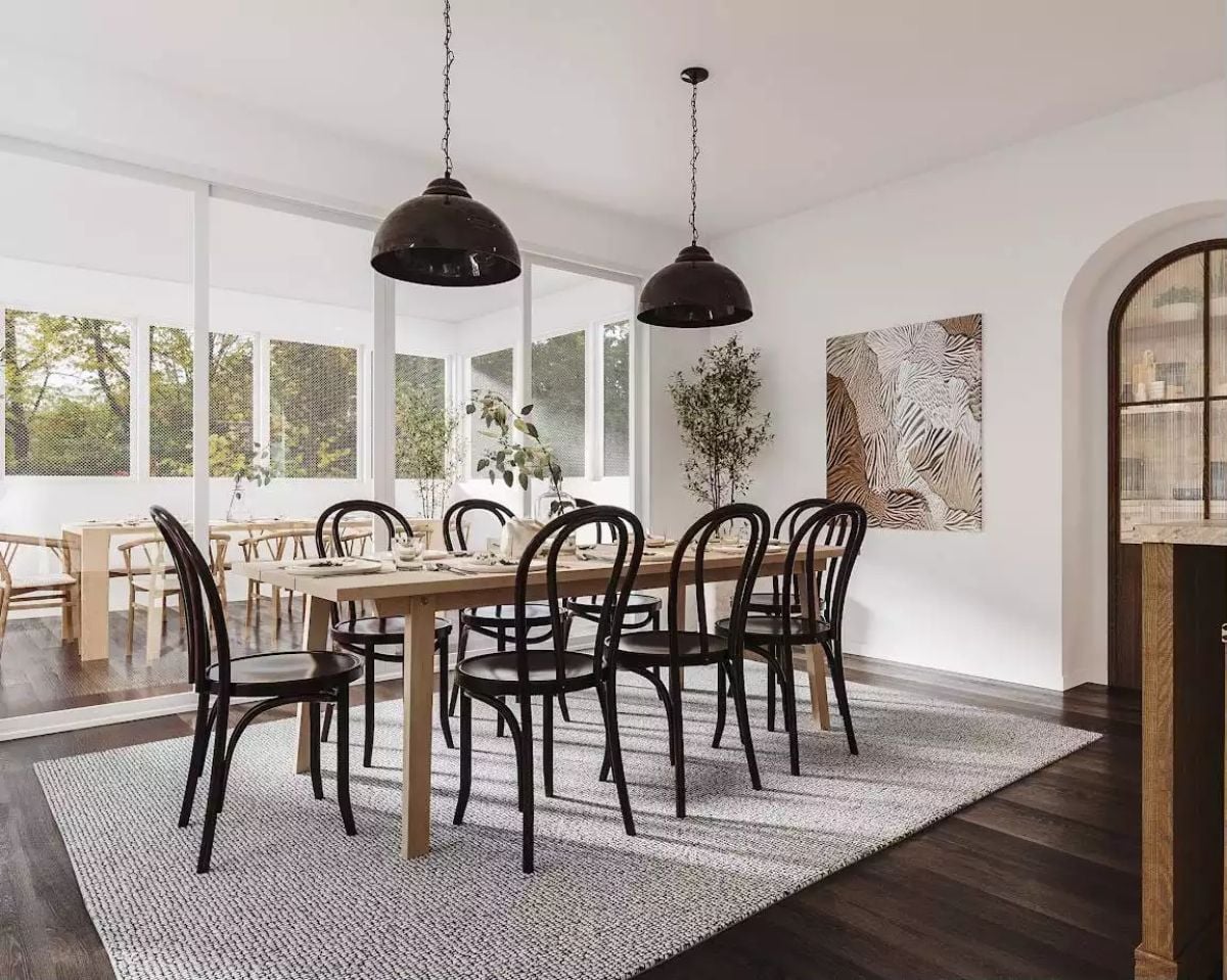 Bentwood Chairs and Dome Pendants Doing the Heavy Lifting in a Big Dining Room