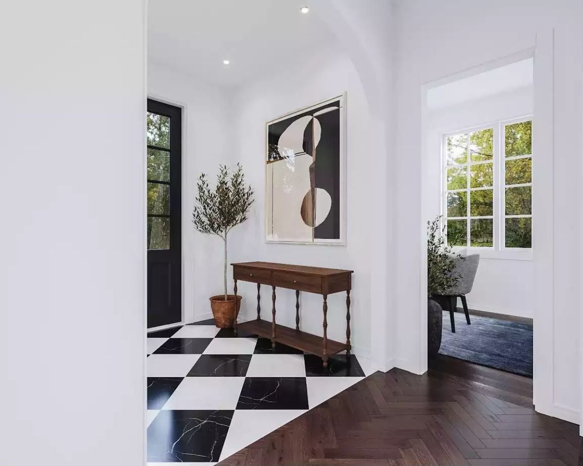 Checkerboard Marble Entry That Earns Its Drama Before You Say a Word