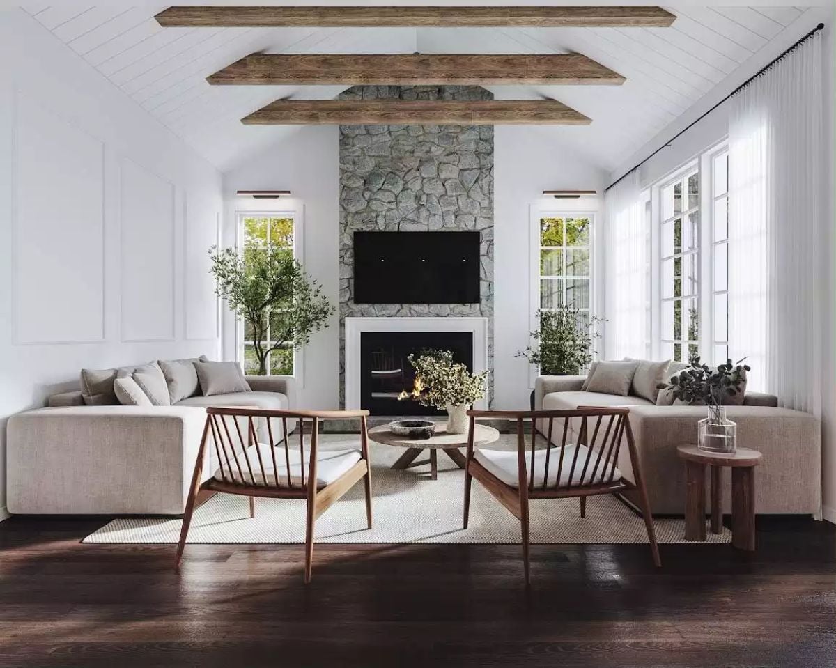 Exposed Ceiling Beams and a Stone Fireplace That Actually Earn the Word "Cozy"